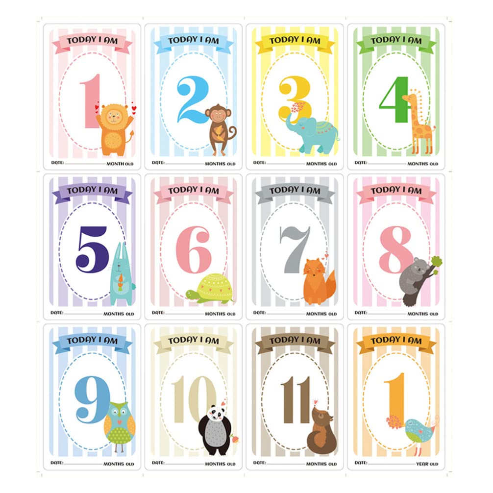 Toyvian Baby Monthly Milestone Stickers - 12pcs Newborn Photo Keepsake Cards with Cartoon Animals Design for Boys & Girls | Perfect for Scrapbooking, Baby Albums & First Year Memory Books