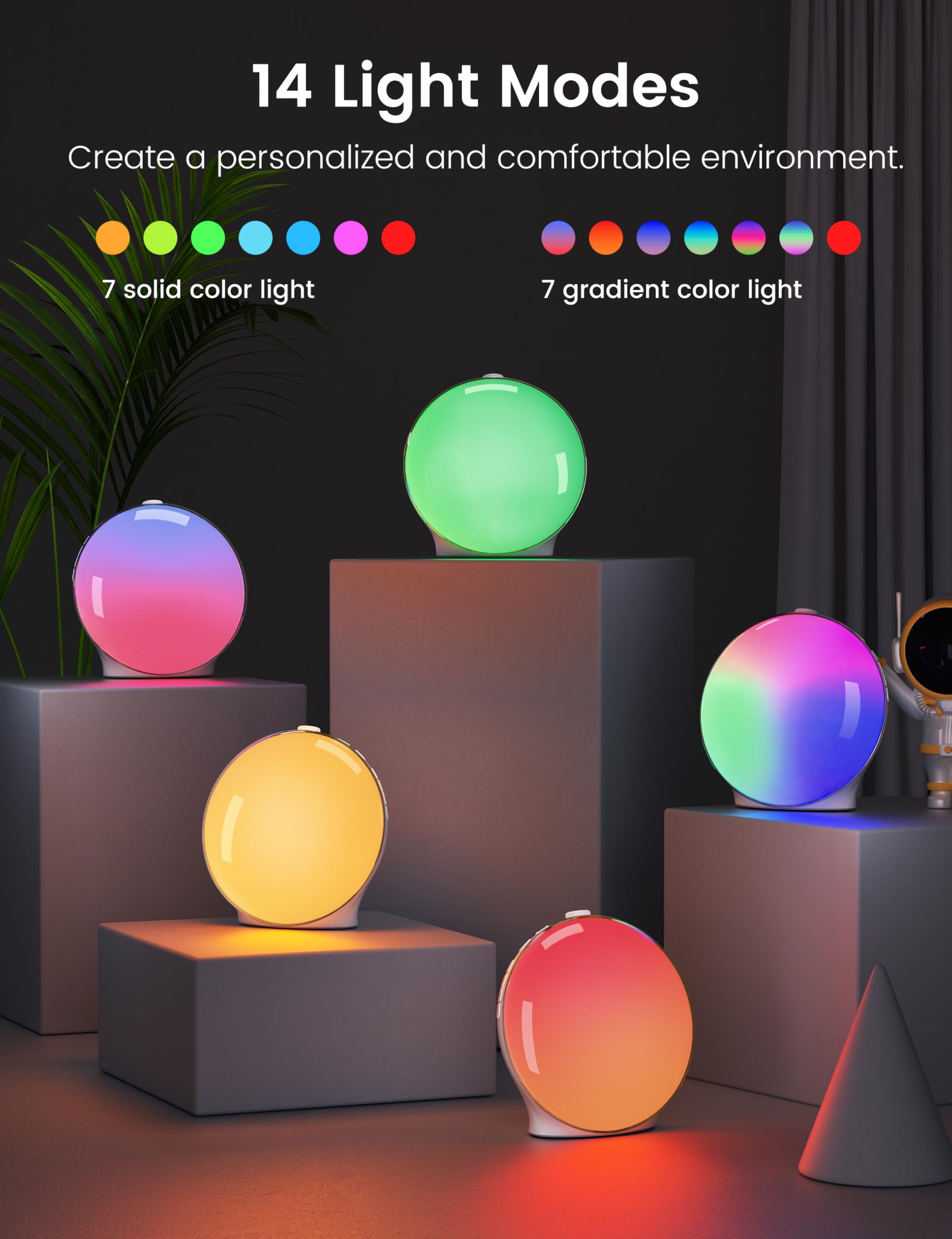 Sunrise Alarm Clock for Heavy Sleepers - Wake Up Light with Sunrise Simulation, Dual Alarms, FM Radio & 8 Natural Sounds | 14 Color LED Night Light for Bedroom | Perfect for Adults, Kids & Light Therapy