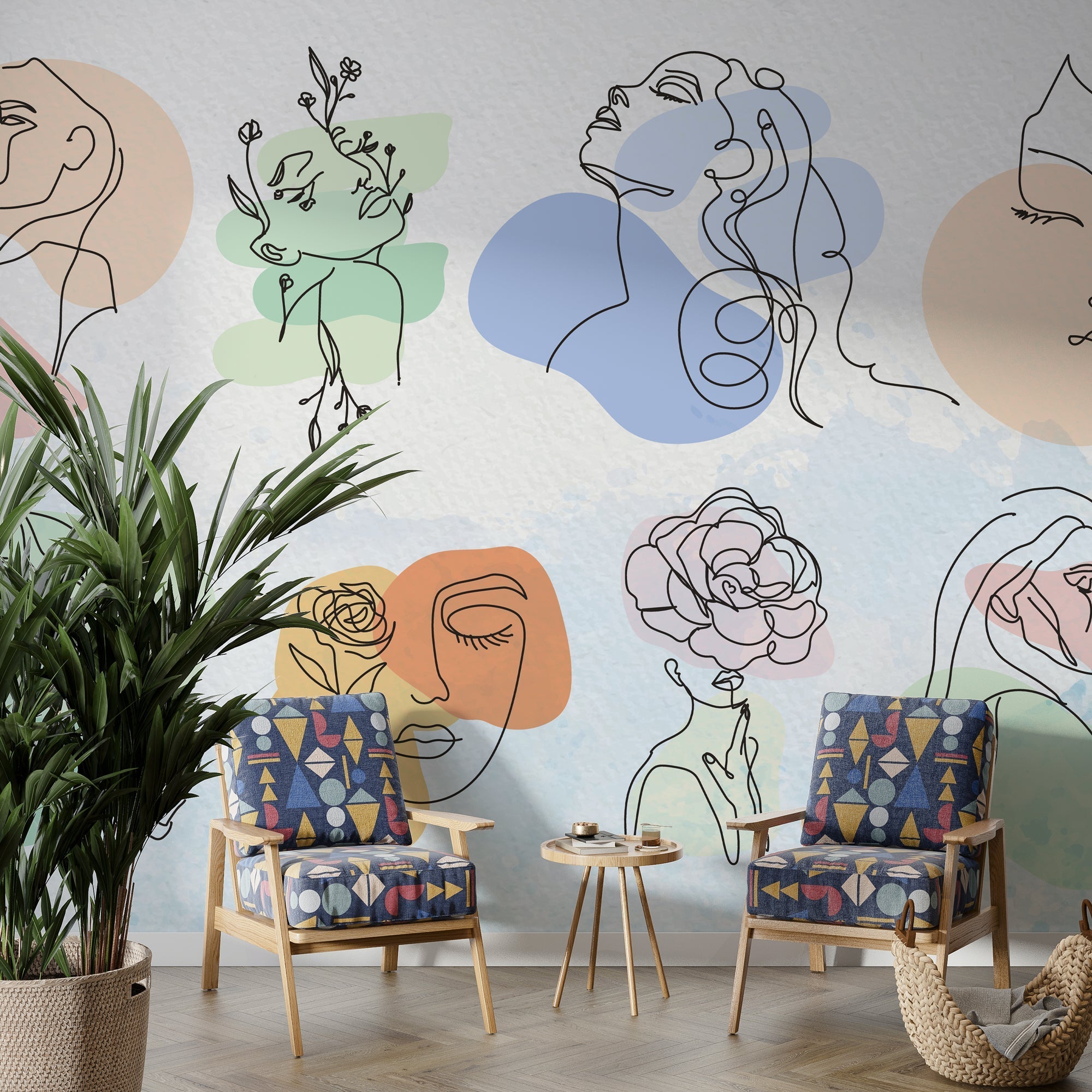 Boho Matisse Line Art Wallpaper Mural - Unique Abstract Design for Living Room, Bedroom & Nursery Decor