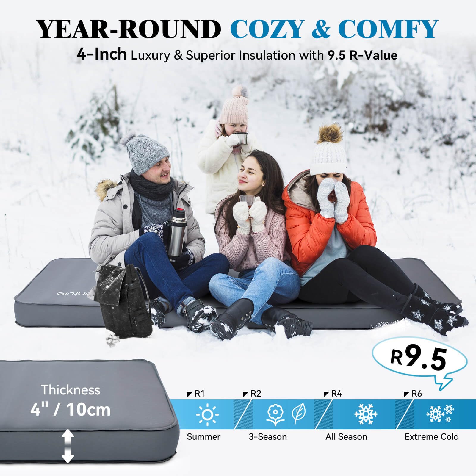 Hikenture 4 Inch Thick Self Inflating Sleeping Pad with 9.5 R Value - Ultra Comfortable Camping Mattress with Pump Sack, Insulated Inflatable Foam Pad for All Seasons | Perfect for Backpacking, Hiking, RV Trips & Outdoor Adventures