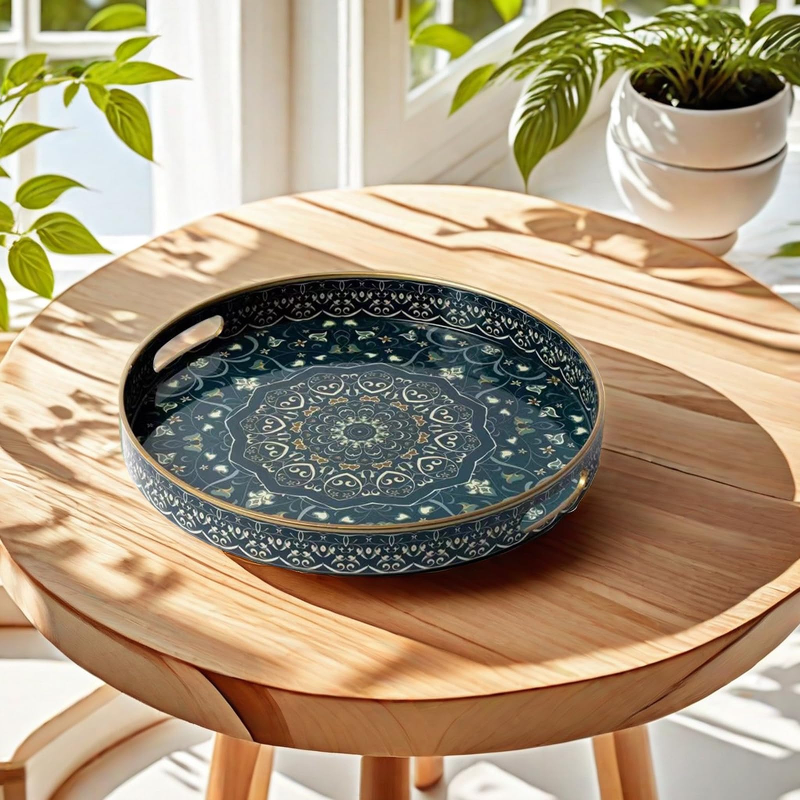 Round Serving Tray with Handles - Large Decorative Ottoman Tray for Coffee Table, Plastic Boho Style Serving Tray for Living Room, Bedroom, and Dining Room - Perfect for Entertaining, Snacks, and Home Decor