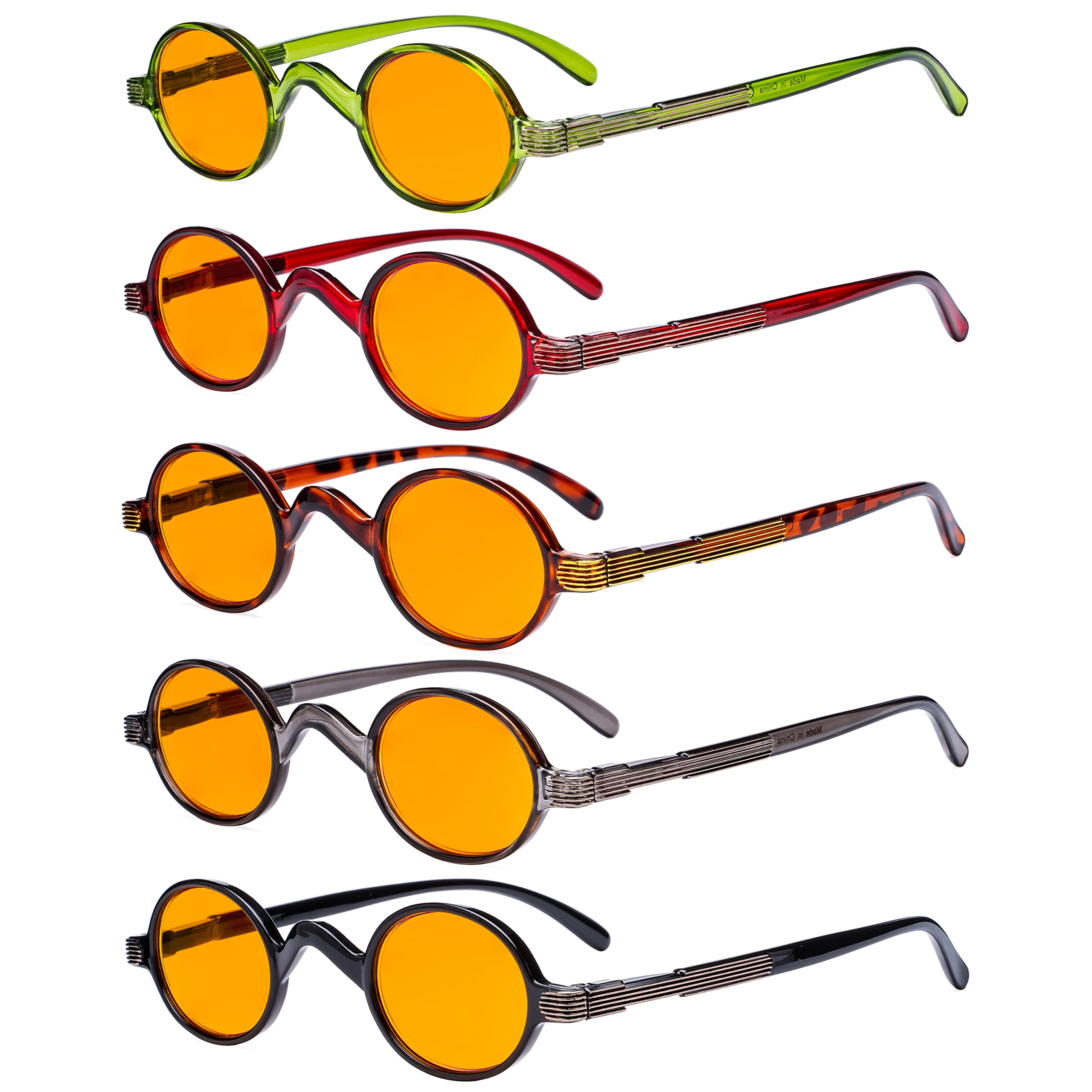 Eyekepper 5 Pack Small Round Blue Light Blocking Reading Glasses +1.75 Strength, Orange Tinted Computer Glasses for Men & Women - Reduce Eye Strain for Office Work, Gaming & Digital Screen Use