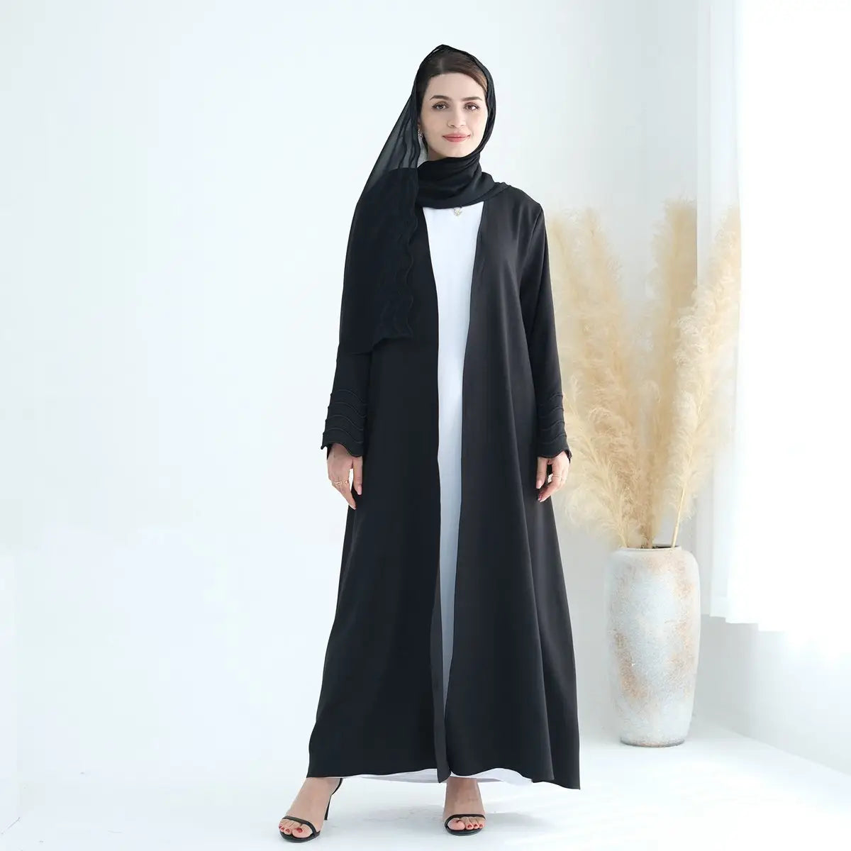 Elegant Hijab Embroidery Sleeve Cardigan Open Abaya Dress for Muslim Women - Perfect for Prayer, Mosque Visits & Special Occasions