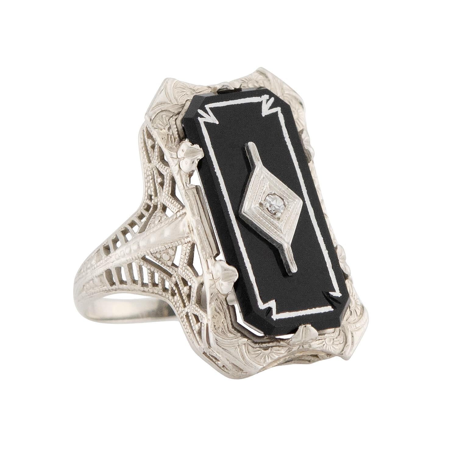 Vintage Art Deco 14K Gold Onyx & Diamond Filigree Ring for Women - Elegant Statement Jewelry for Weddings, Parties & Special Occasions