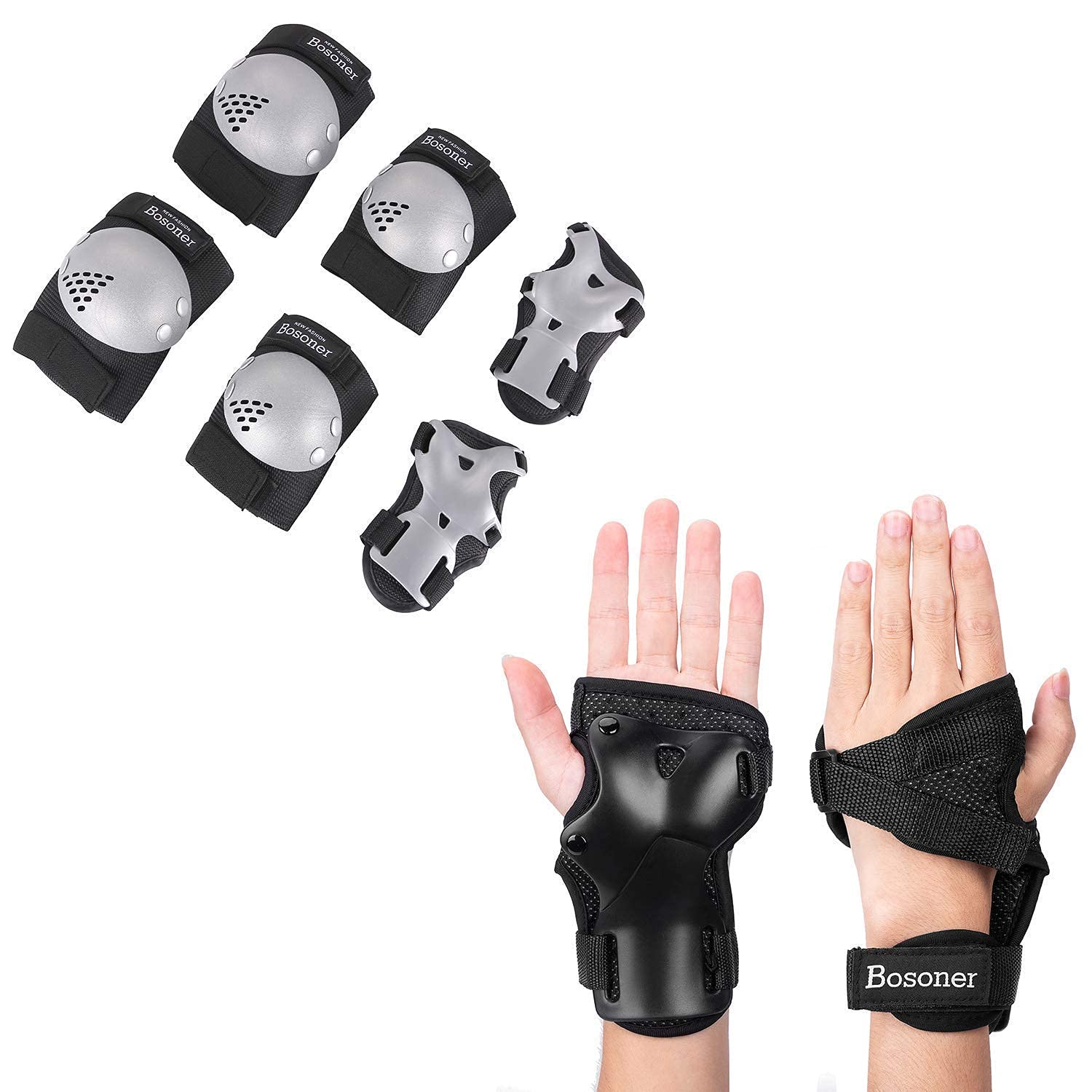 BOSONER Kids Wrist Guards & Knee Pads Protective Gear Set - Safety Equipment for Roller Skating, Cycling, BMX, Snowboarding, Skateboarding, Scooter Riding (Medium, Ages 6-15) - Perfect for Outdoor Sports & Extreme Activities