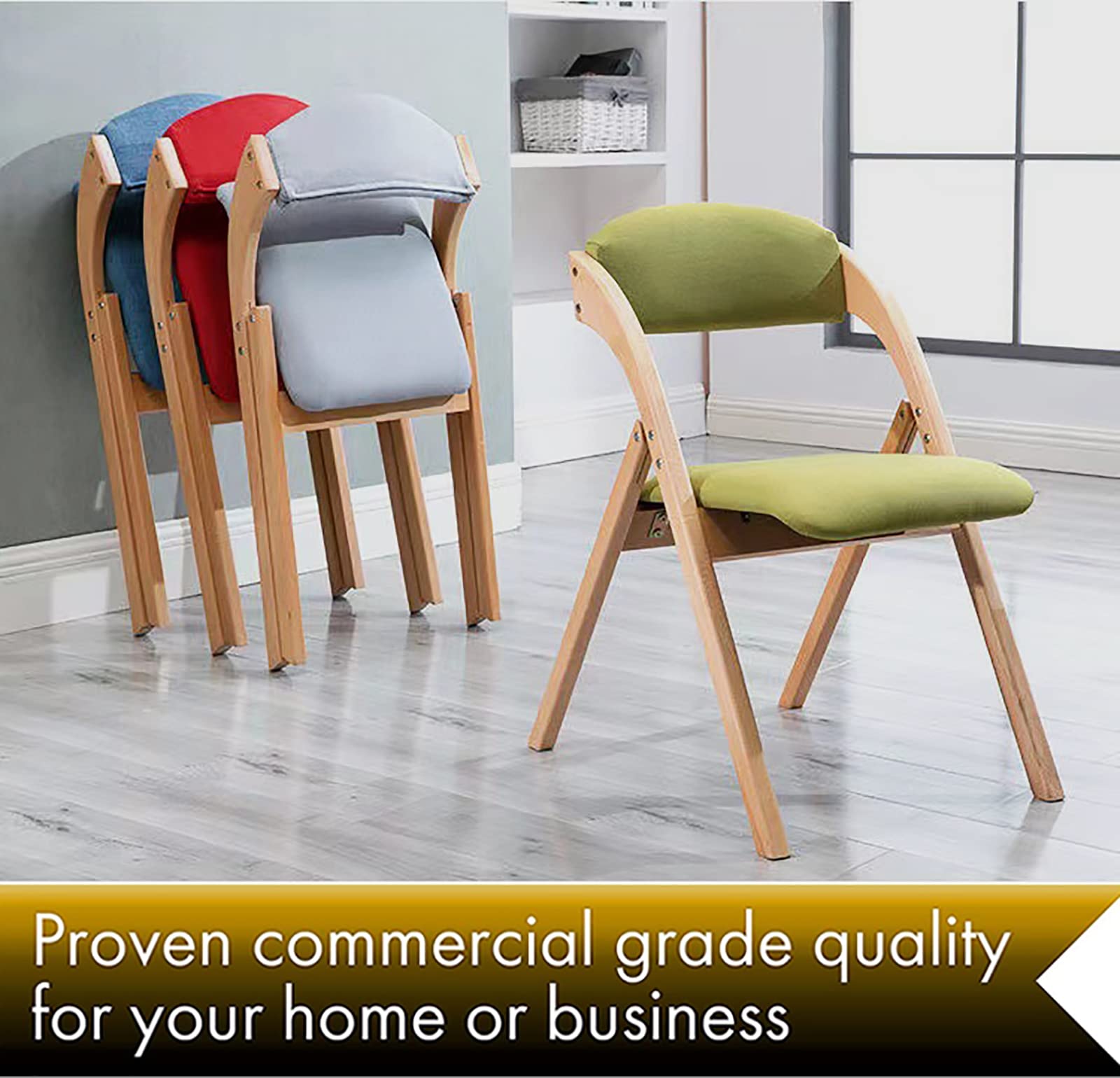 2-Pack Wooden Folding Chairs with Backrest - Modern Portable Upholstered Dining Chairs for Home, Office & Conference Use - Comfortable & Space-Saving (Green)