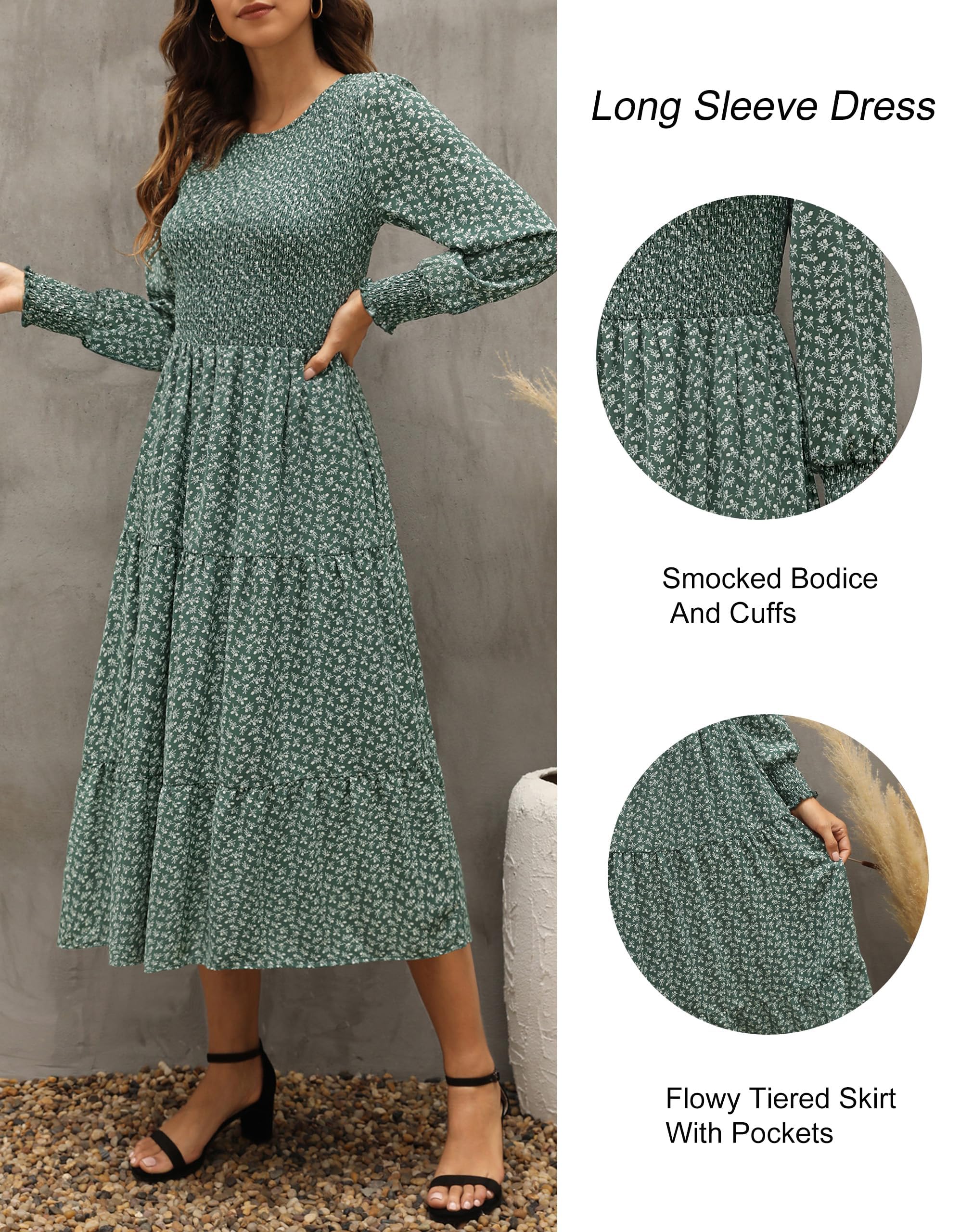 Zattcas Women's Fall Dresses 2025 - Casual Long Sleeve Smocked Boho Floral Tiered Midi Dress with Pockets for Wedding Guest, Party, Church & Autumn Outfits