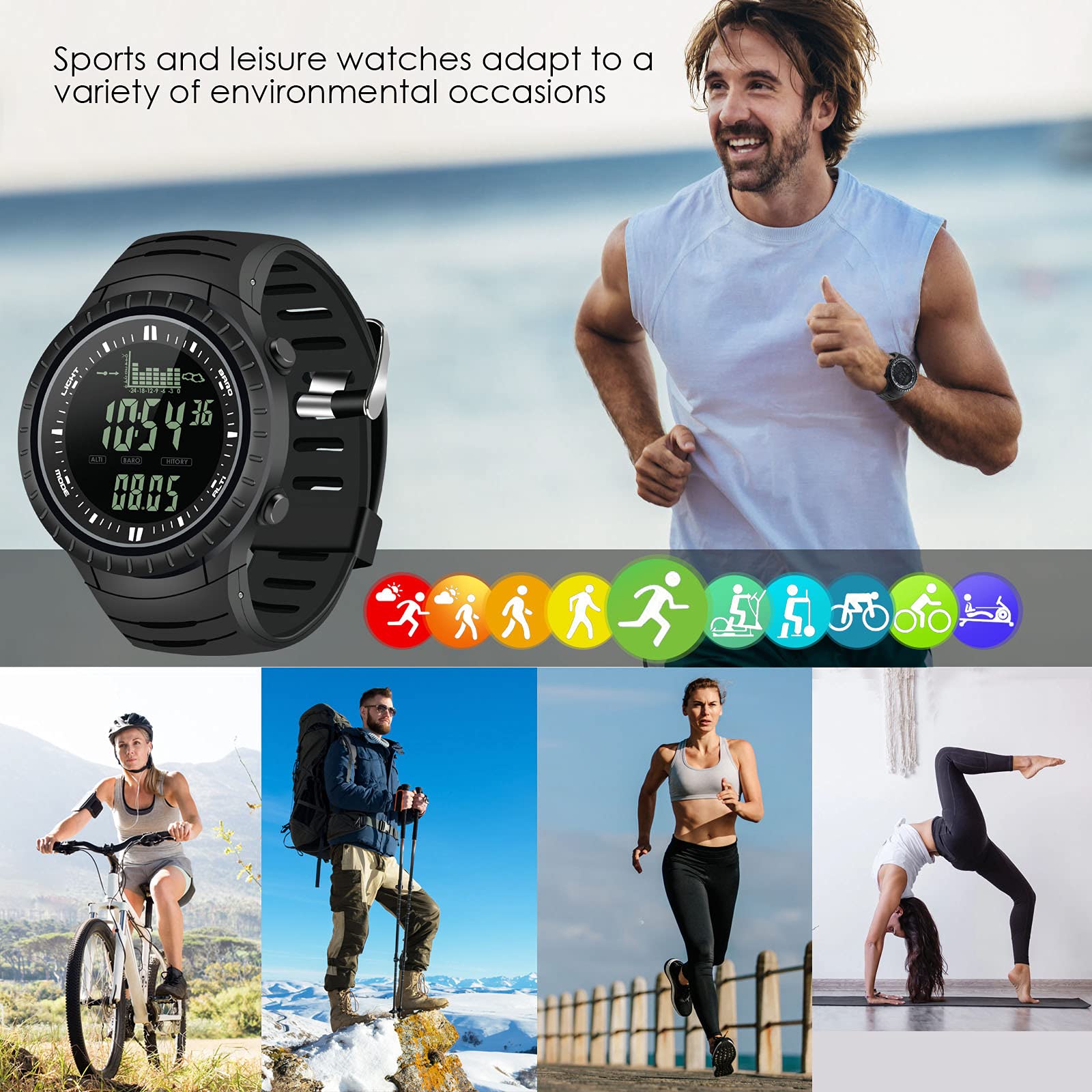 Men's Digital Watch - Waterproof Military Sports Tactical Fishing Wristwatch with Altimeter, Barometer & Thermometer - Black | Perfect for Outdoor Adventures, Hiking, Camping & Water Sports