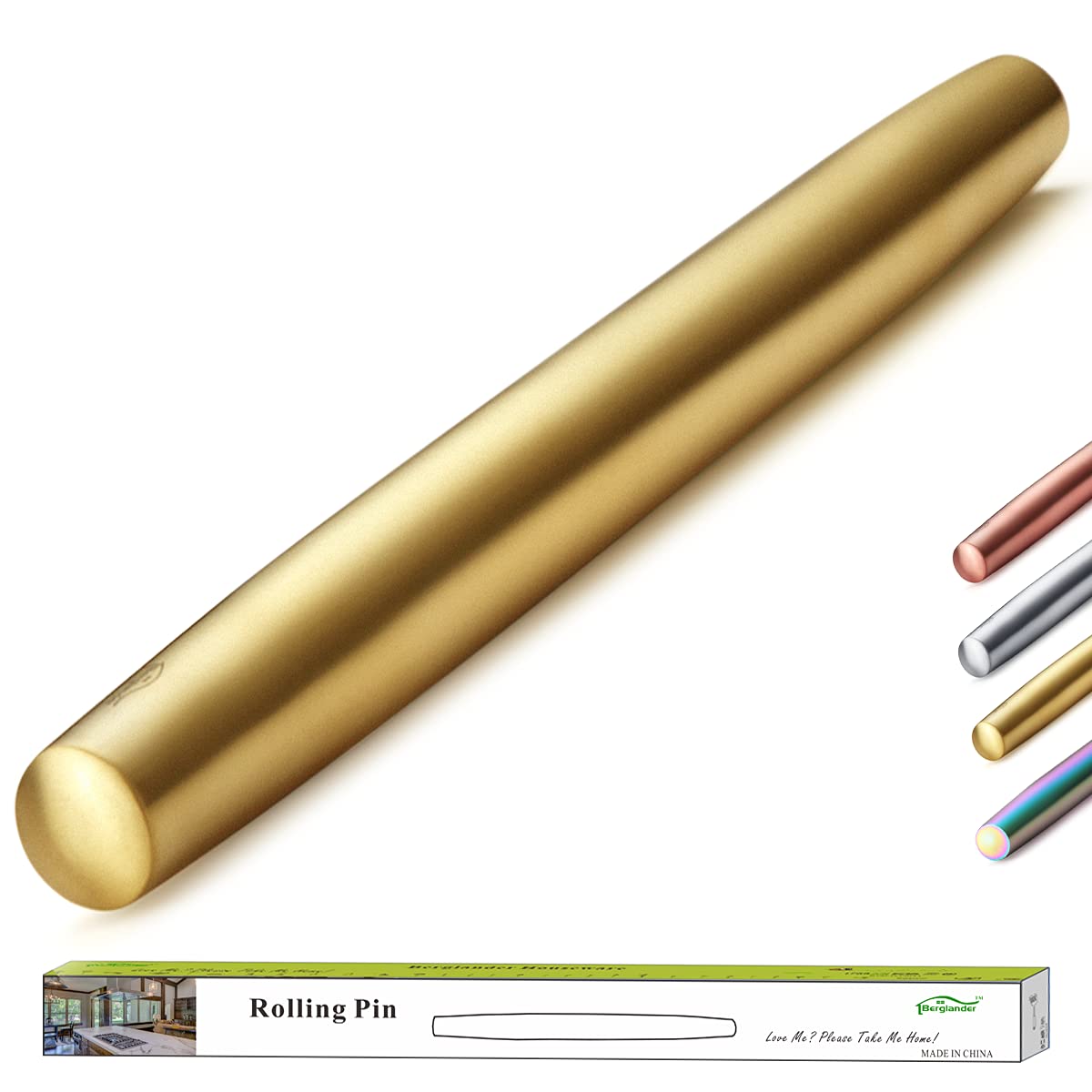 Berglander 16.7 Inch Gold Titanium Plated Stainless Steel Rolling Pin - Professional Baking Tool for Pizza, Dough, Pie & Cookies | Perfect Kitchen Gift for Bakers | Ideal for Home Baking, Pastry Making & Holiday Cooking