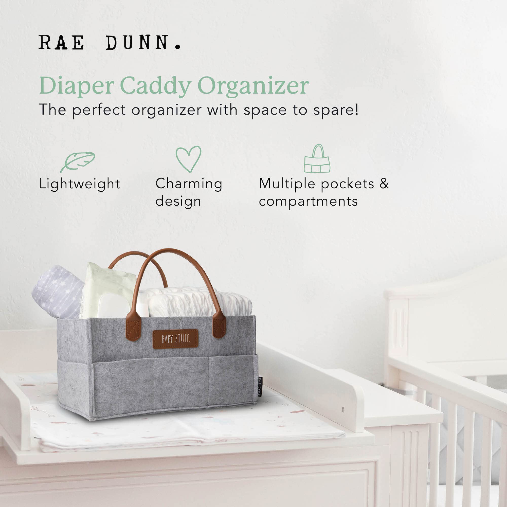 Rae Dunn Baby Diaper Caddy Organizer - Portable Nursery Storage Basket with Leather Handles for Changing Table, Car & Baby Essentials - Perfect Baby Shower Gift & Nursery Organization - Grey Felt Material for Home & Travel Use