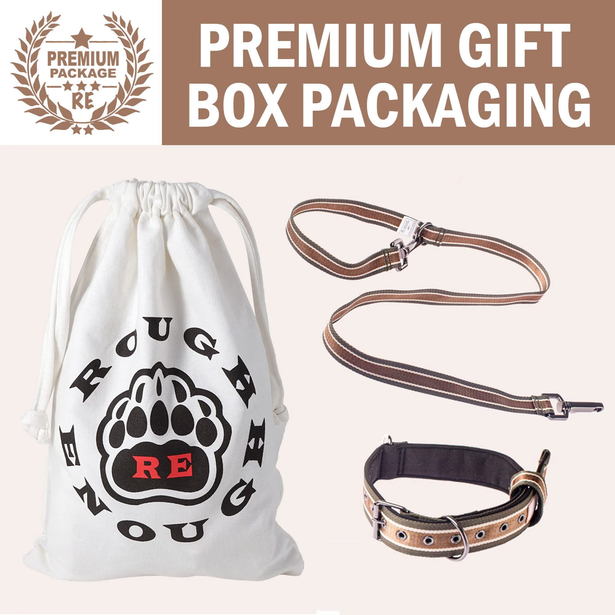 Rough Enough Heavy Duty Dog Collar and Leash Set - Nylon Webbing with Metal Buckle, Adjustable L Size Brown - Perfect for Training, Walking & Outdoor Adventures