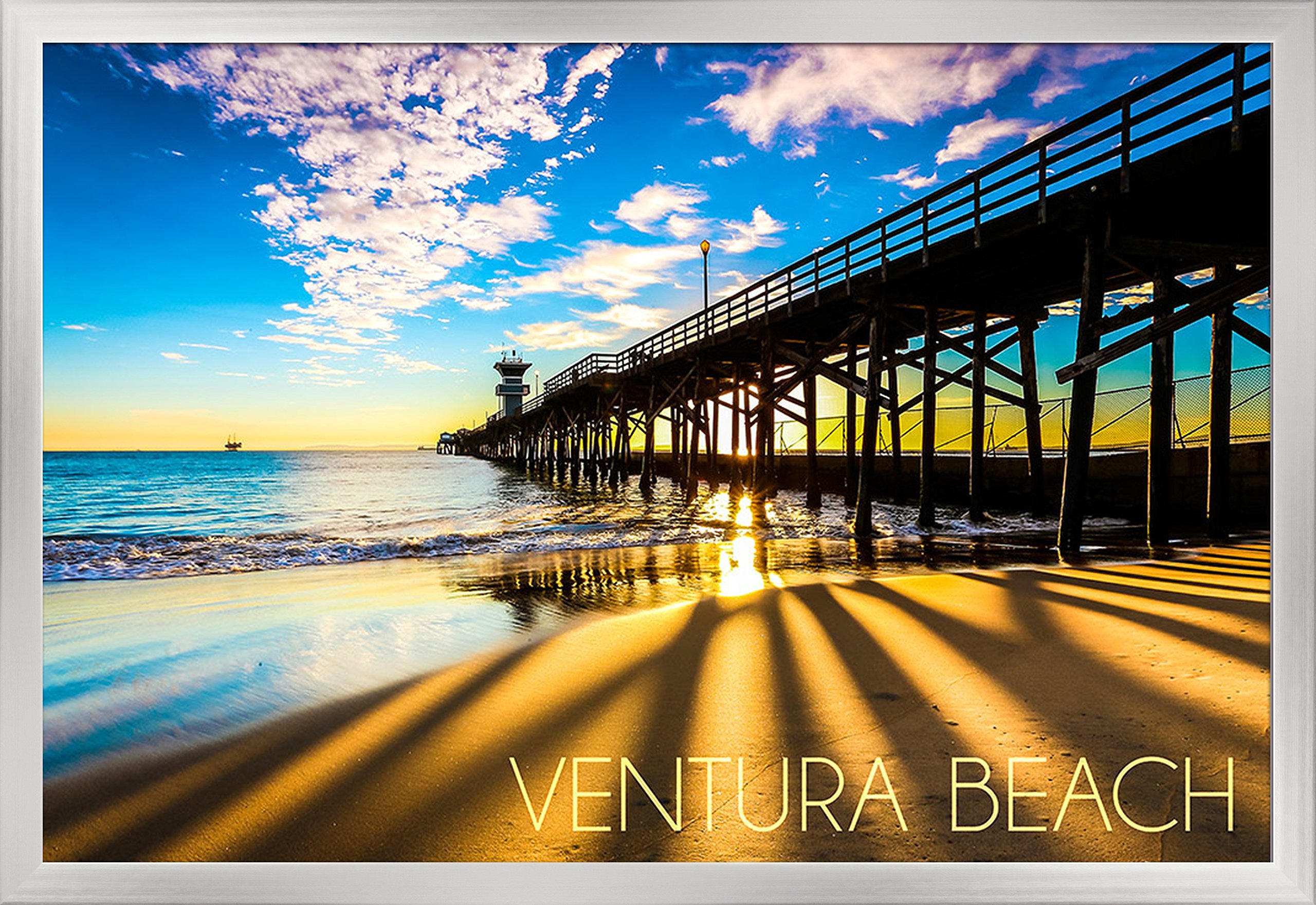 Ventura Beach California Seal Beach Pier at Sunset 36x24 Giclee Art Print - Gallery Framed Silver Wood Wall Decor for Living Room, Bedroom & Office
