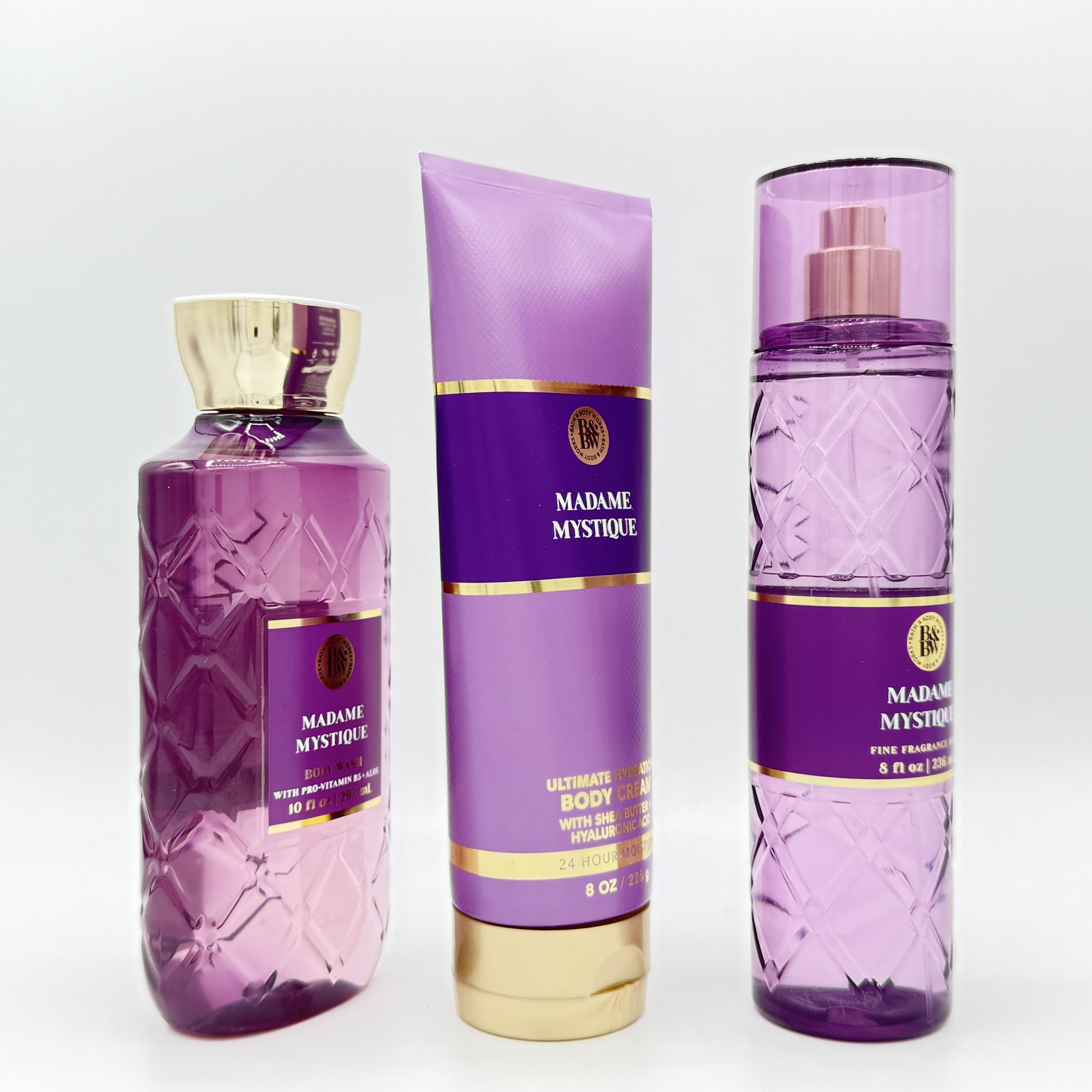 Madame Mystique 3-Piece Luxury Bath & Body Set - Hydrating Body Wash, Ultra Moisturizing Cream & Perfume Mist | Spa Day Essentials, Gift for Her, Self-Care Routine