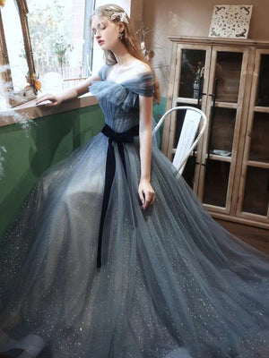 Elegant Off Shoulder Blue Tulle Prom Dress - A-Line Long Formal Evening Gown for Homecoming, Wedding & Special Occasions | Style 637