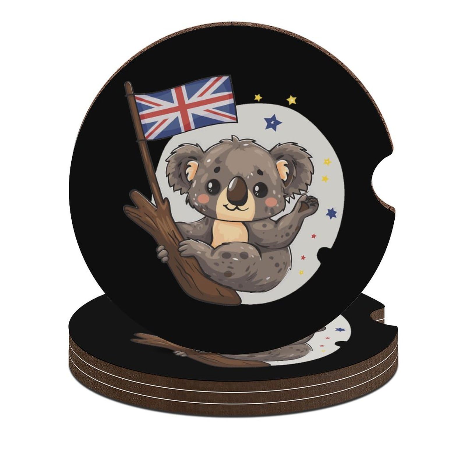 UK Flag Koala Bear Car Coasters for Cup Holders - 4PCS Cork Base Drink Coasters Set - Cute Auto Accessories for British Theme Cars, Gifts & Home Decor