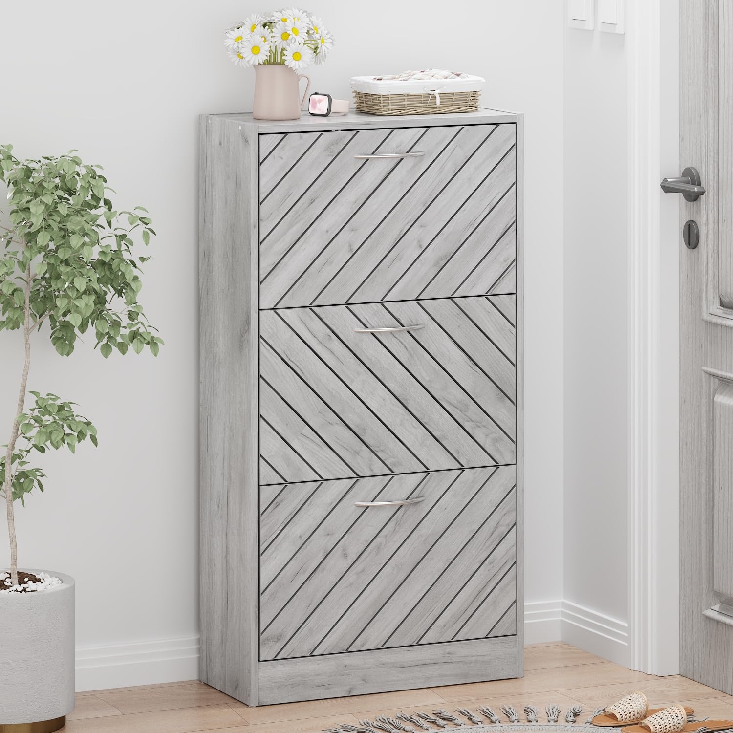 3-Tier Slim Wooden Shoe Cabinet with Flip Drawers - Space Saving Entryway Organizer, Narrow Shoe Rack with Removable Shelf & Diagonal Louver Doors (Grey) - Perfect for Small Apartments, Hallways and Closet Storage