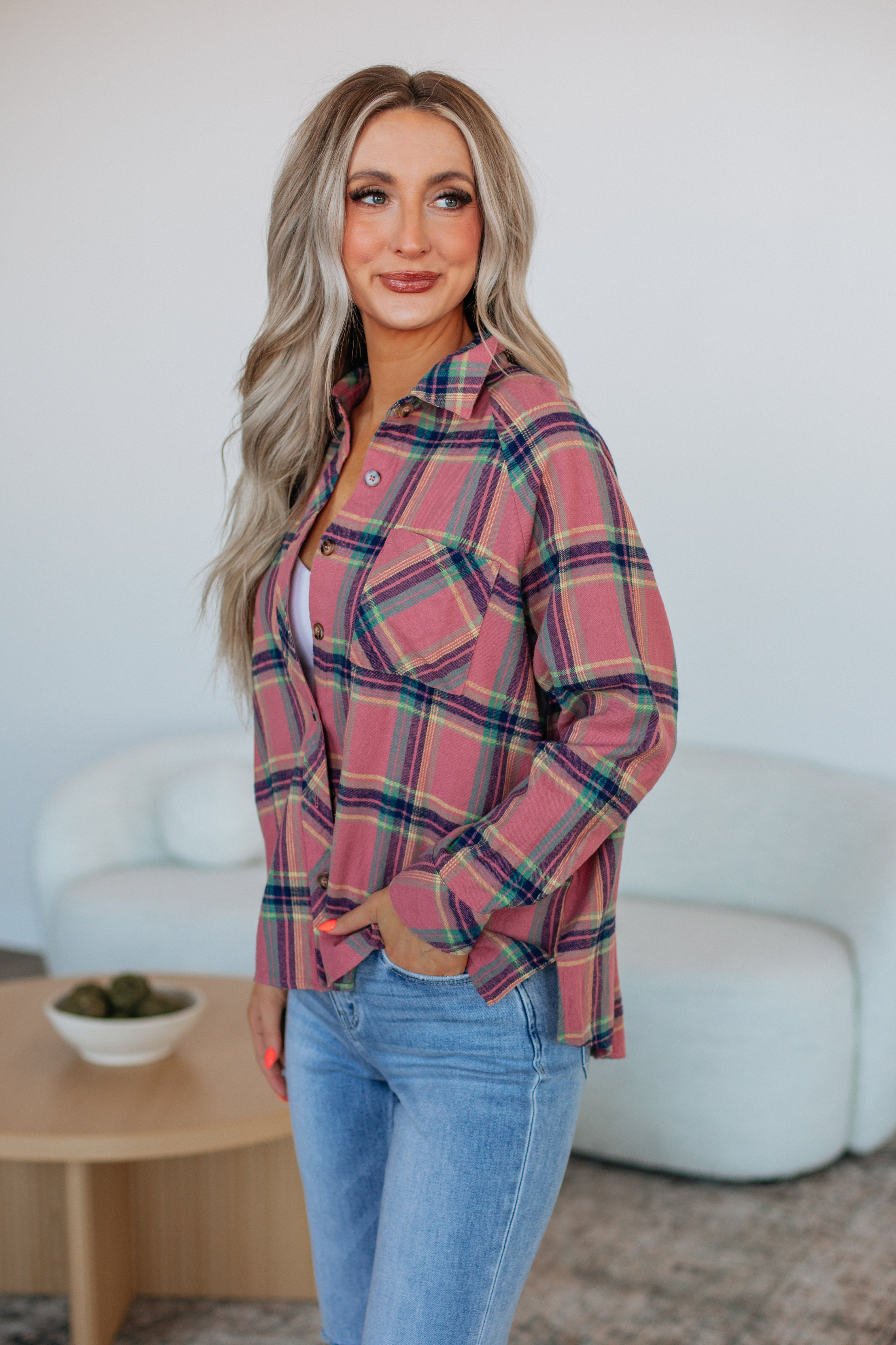 Jema Women's Flannel Shirt Top - Soft Plaid Rose Mix Pattern for Casual Wear & Outdoor Activities