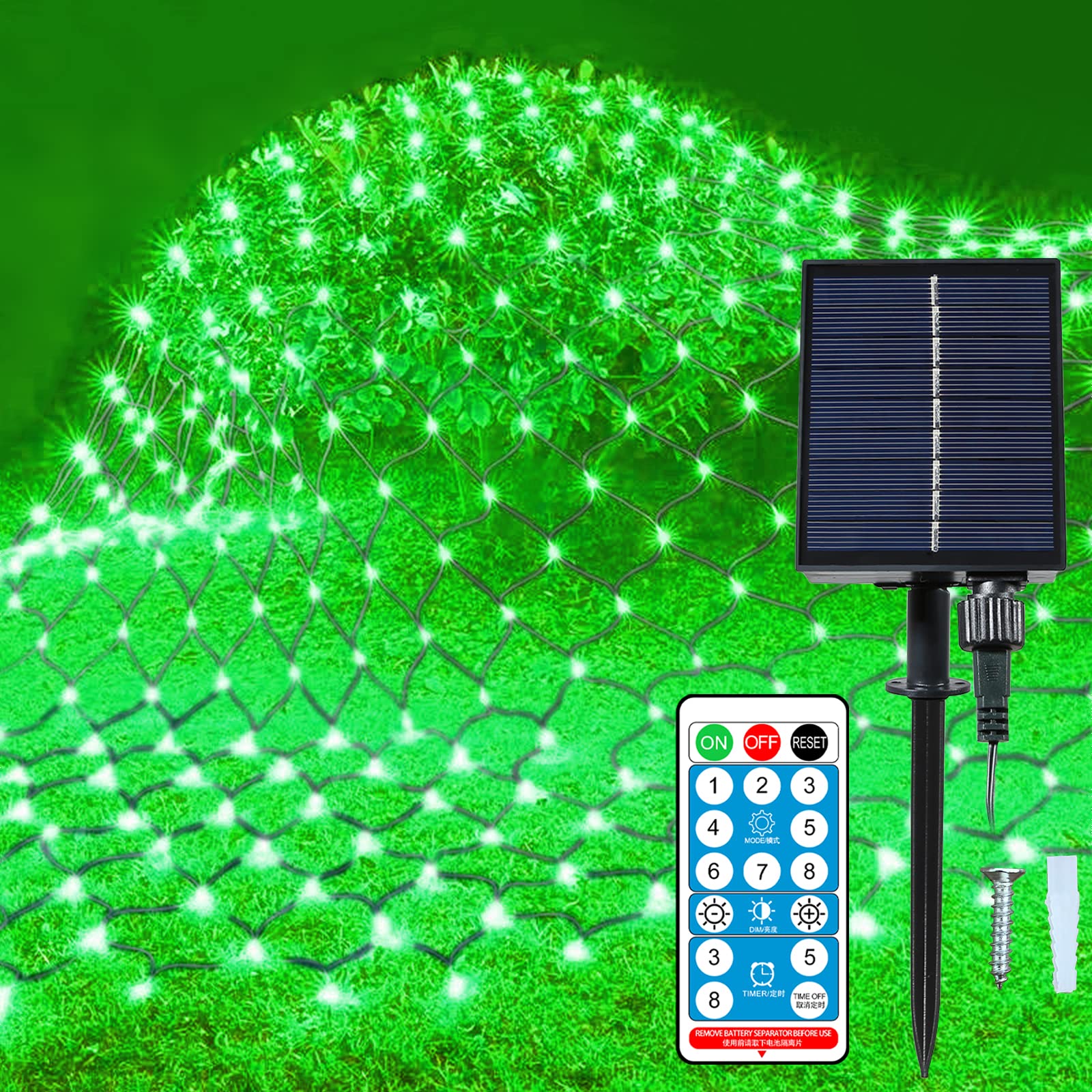 Malgero Solar Powered 264 LED Green Christmas Lights - 8 Lighting Modes, 9.8x6.6ft Mesh Net with Twinkle Effect for Outdoor Tree & Bush Decor - Perfect for Halloween, Holiday Parties, Weddings, Garden, Patio & Year-Round Festive Lighting