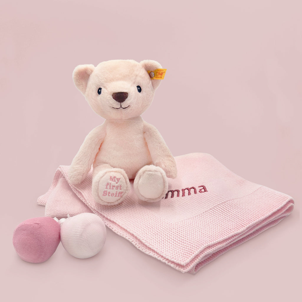 Personalized My First Steiff Baby Socks and Blanket Gift Set - Newborn Essentials in Pink - Perfect for Baby Showers, Christenings & First Birthday Presents