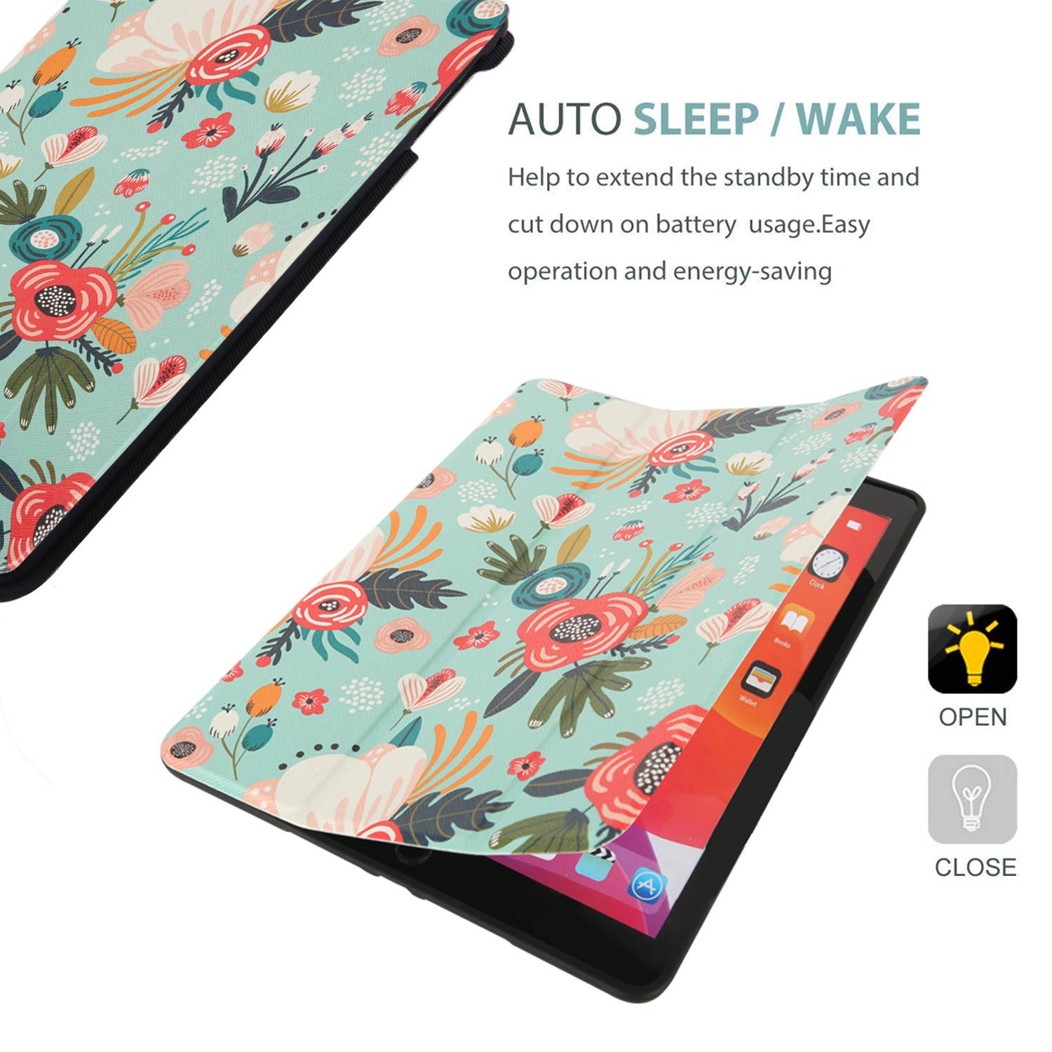 Hi Space iPad 9th/8th/7th Generation Case (10.2 Inch) with Pencil Holder - Shockproof Protective Cover for iPad Models A2270 A2428 A2429 A2197 (2021/2020/2019) - Green Floral Design with Auto Sleep/Wake - Perfect for School, Work & Travel