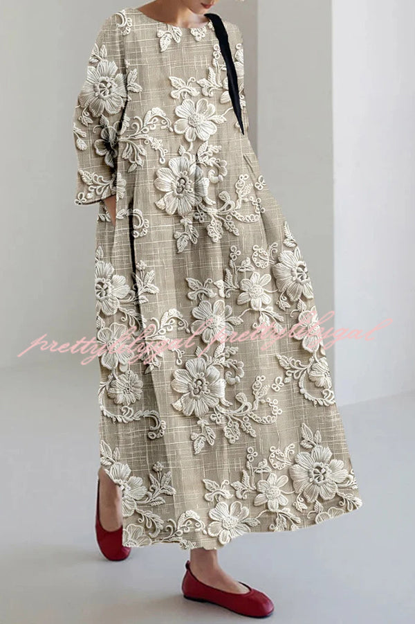 Stylish Printed Round Neck Long Sleeve Loose Maxi Dress for Women - Casual Boho Chic Flowy Dress for Beach, Party & Everyday Wear