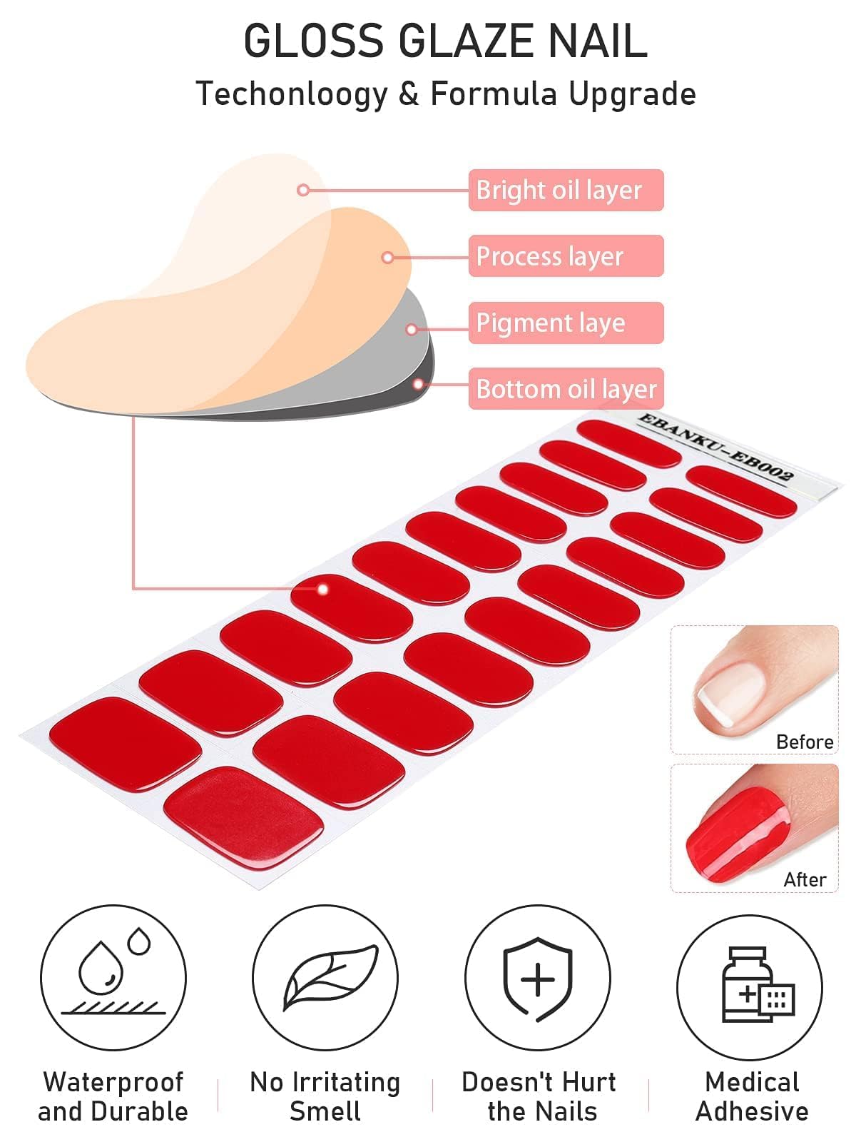 EBANKU Red Cured Gel Nail Strips - Long Lasting Waterproof Nail Polish Wraps with Nail File & Stick (UV/LED Lamp Required) - Perfect for Salon, Home Manicure, Parties & Special Occasions