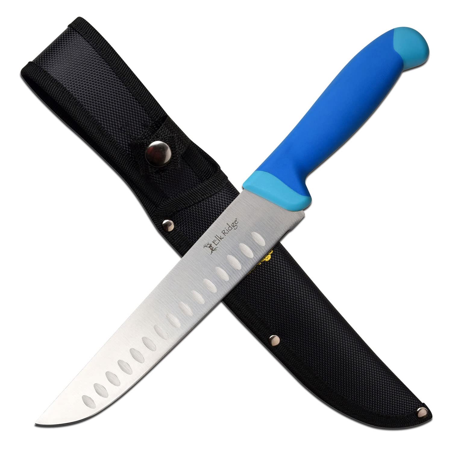 Elk Ridge ER-200-05HF Fixed Blade Hunting Knife - Stainless Steel Satin Finish Blade with Hollow Grind, Blue Nylon Fiber Rubber Handle & Nylon Sheath - Perfect for Fishing, Camping, Survival & Outdoor Adventures