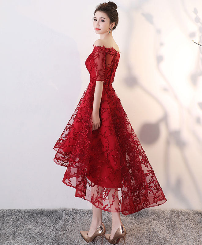 Elegant Burgundy Tulle Lace High-Low Prom Dress for Homecoming - Perfect for Formal Dances, Evening Parties & Special Occasions