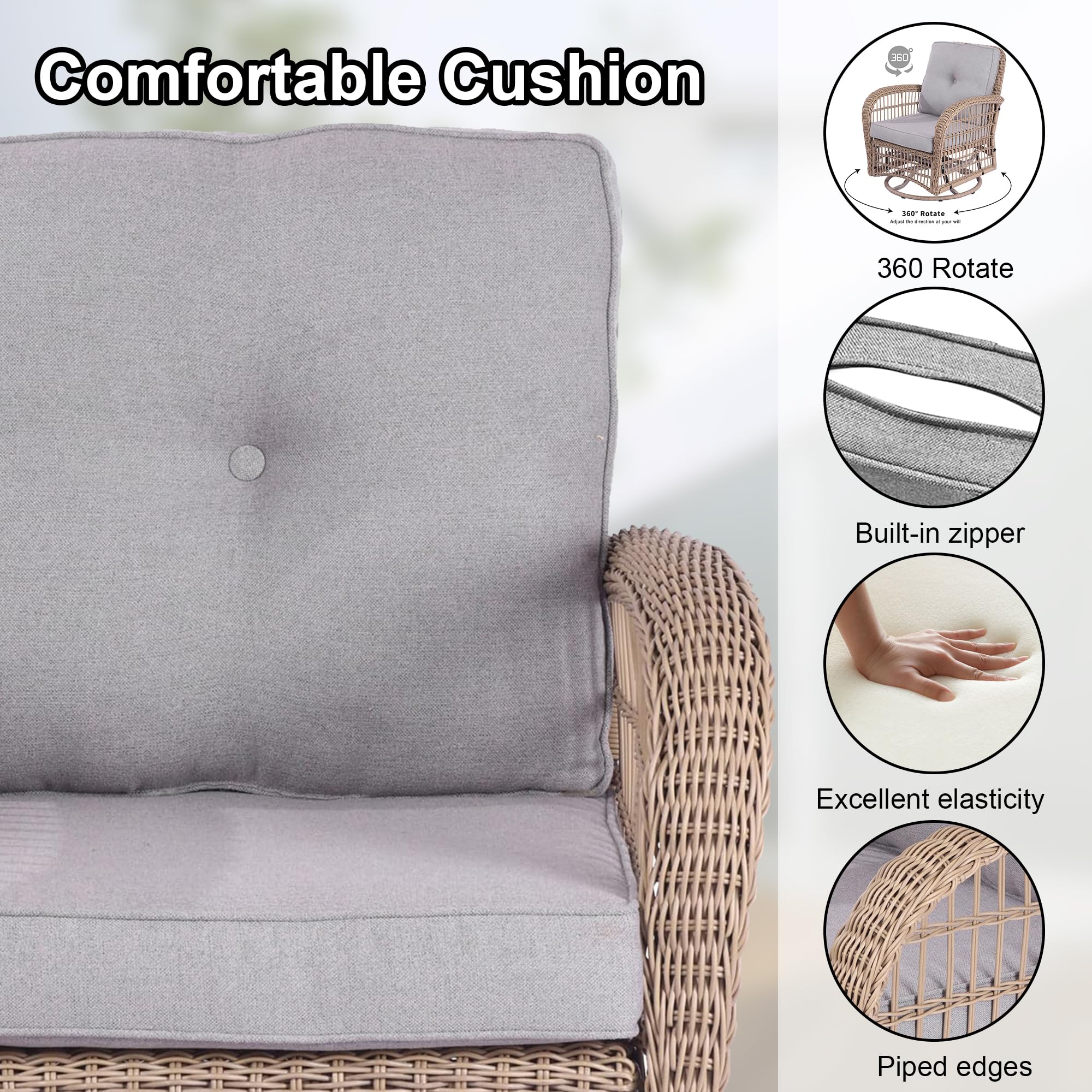 Swivel Wicker Outdoor Lounge Chair with Gray Cushion - Weather-Resistant PE Rattan Rocking Chair for Patio, Porch, Sunroom, Deck & Backyard - Perfect for Relaxing, Sunbathing and Outdoor Entertaining
