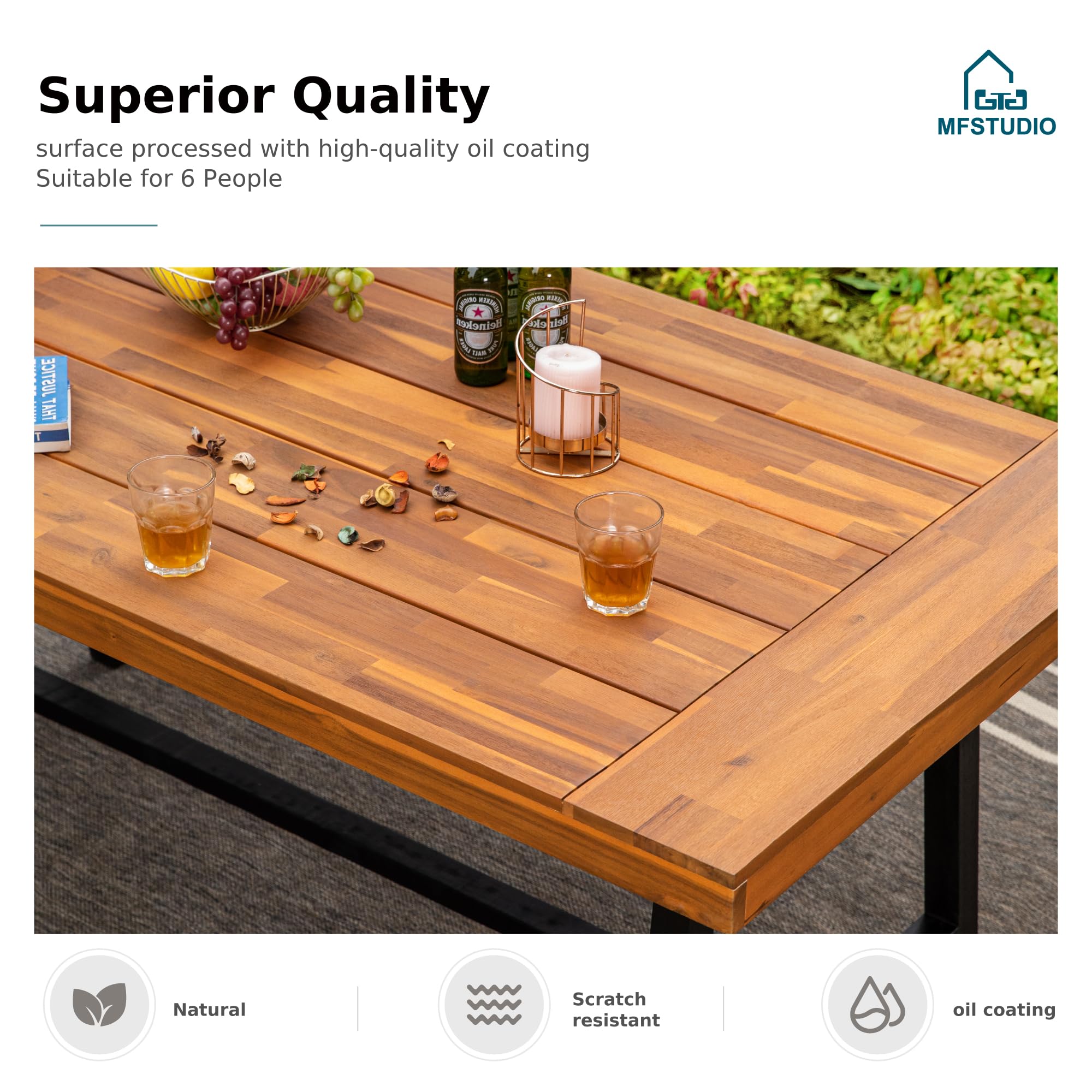 MFSTUDIO 7-Piece Acacia Wood Outdoor Dining Set - Rectangular Table & 6 Wicker Chairs, Brown Rattan Patio Furniture for Garden, Backyard, Poolside & BBQ Gatherings