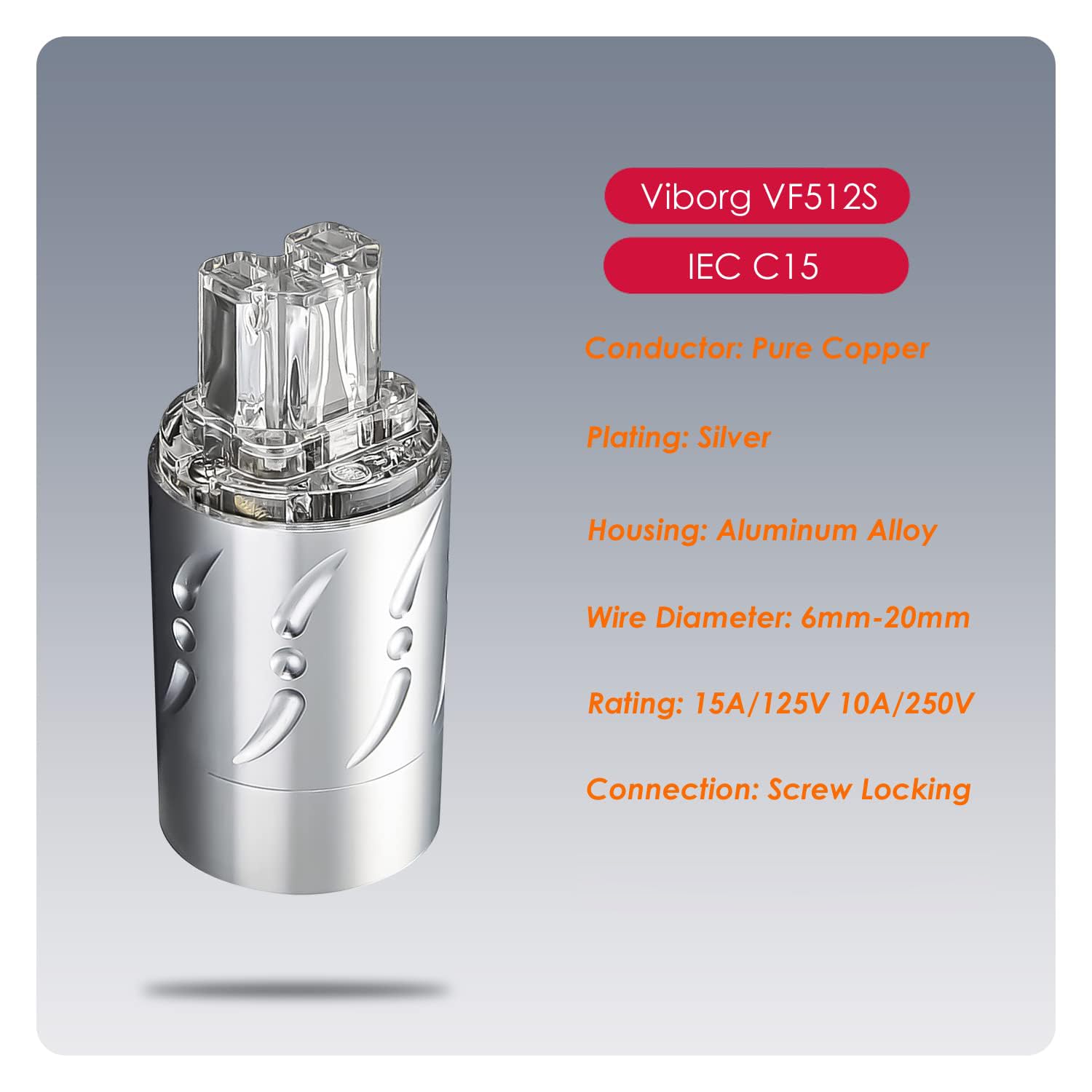 Premium Viborg VM512S+VF512S Silver-Plated Pure Copper Non-Magnetic HiFi Power Plug & IEC C15 Connector - Audiophile-Grade US Power Plug for DIY Power Cables - Perfect for High-End Audio Systems, Home Theater, and Professional Recording Studios
