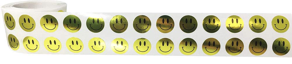 1/2 Inch Small Metallic Gold Happy Face Stickers - 1,000 Adhesive Labels on a Roll - Perfect for Kids Classroom Rewards, Motivational Charts & Teacher Supplies - Great for School Projects, Behavior Charts & DIY Crafts