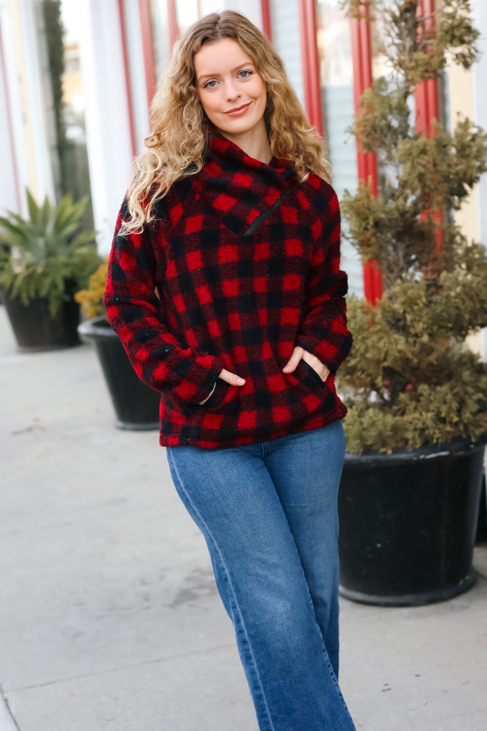 Cozy Red Sherpa Plaid Asymmetrical Zip Sweater Top for Women - Winter Fashion Layering Piece for Casual Outfits & Outdoor Activities