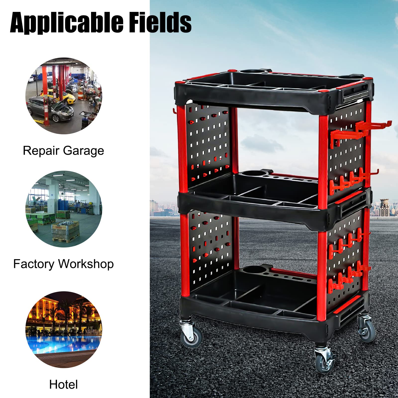 Professional Car Detailing Cart with 4 Side Hanging Plates & Hooks - Mobile Utility Organizer for Mechanics & Auto Detailers - Perfect for Car Wash, Waxing & Repair Workstations