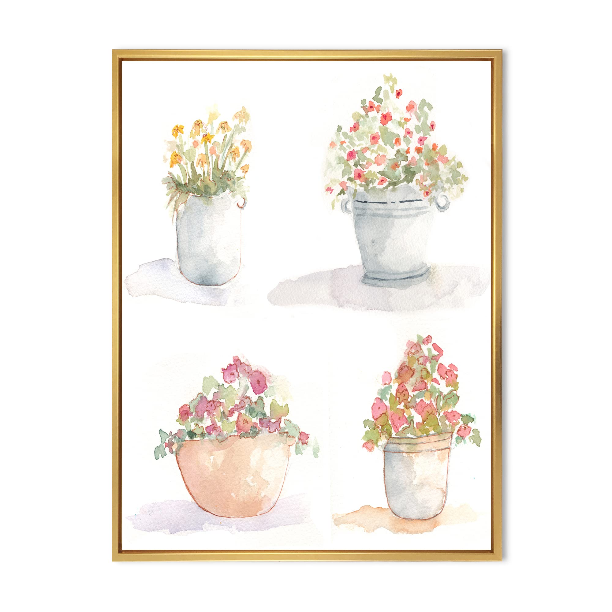 DesignQ Four Outdoor Flower Pots - Traditional Framed Canvas Wall Art Print for Home & Garden Decor | Perfect for Living Room, Bedroom, Patio