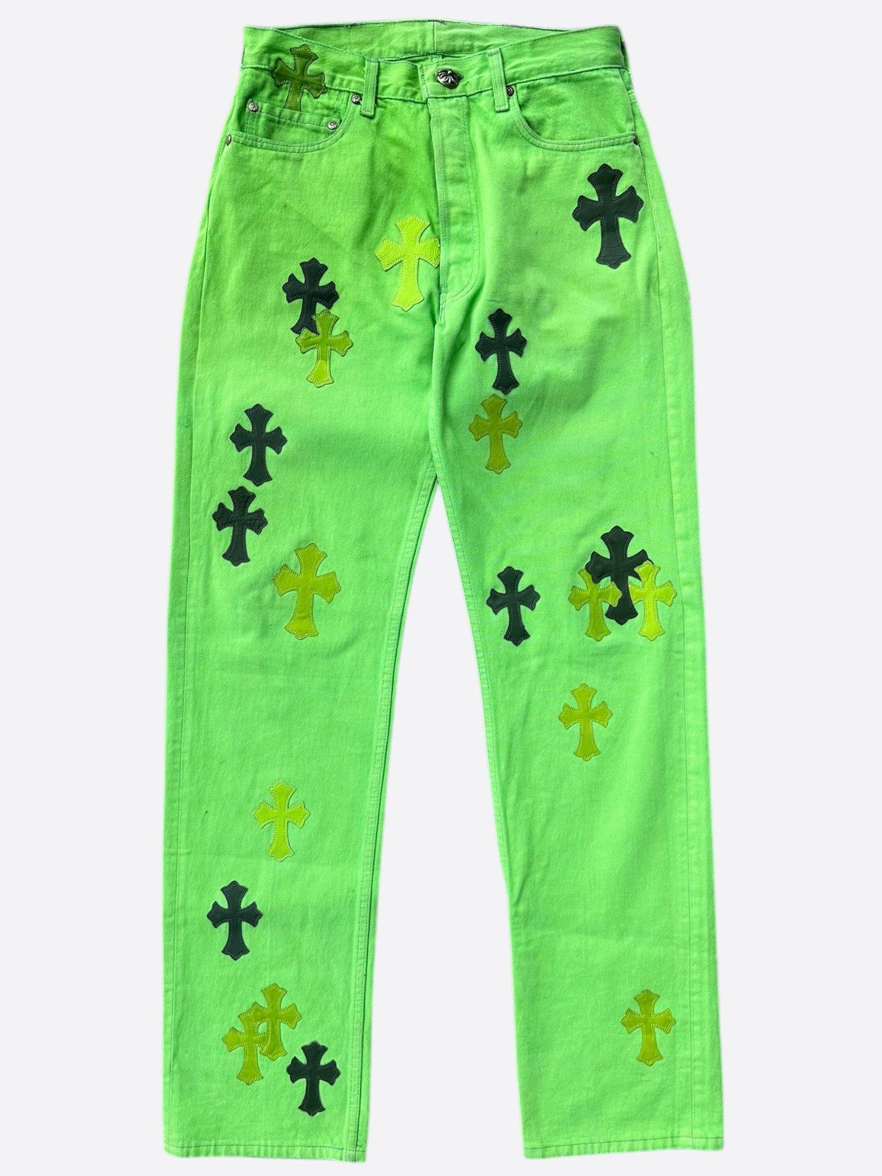 Chrome Hearts x Levi's Green & Black Cross Patch Denim Jeans for Men & Women | Vintage Style Distressed Skinny Jeans | Perfect for Streetwear, Casual Outfits, and Night Out Looks