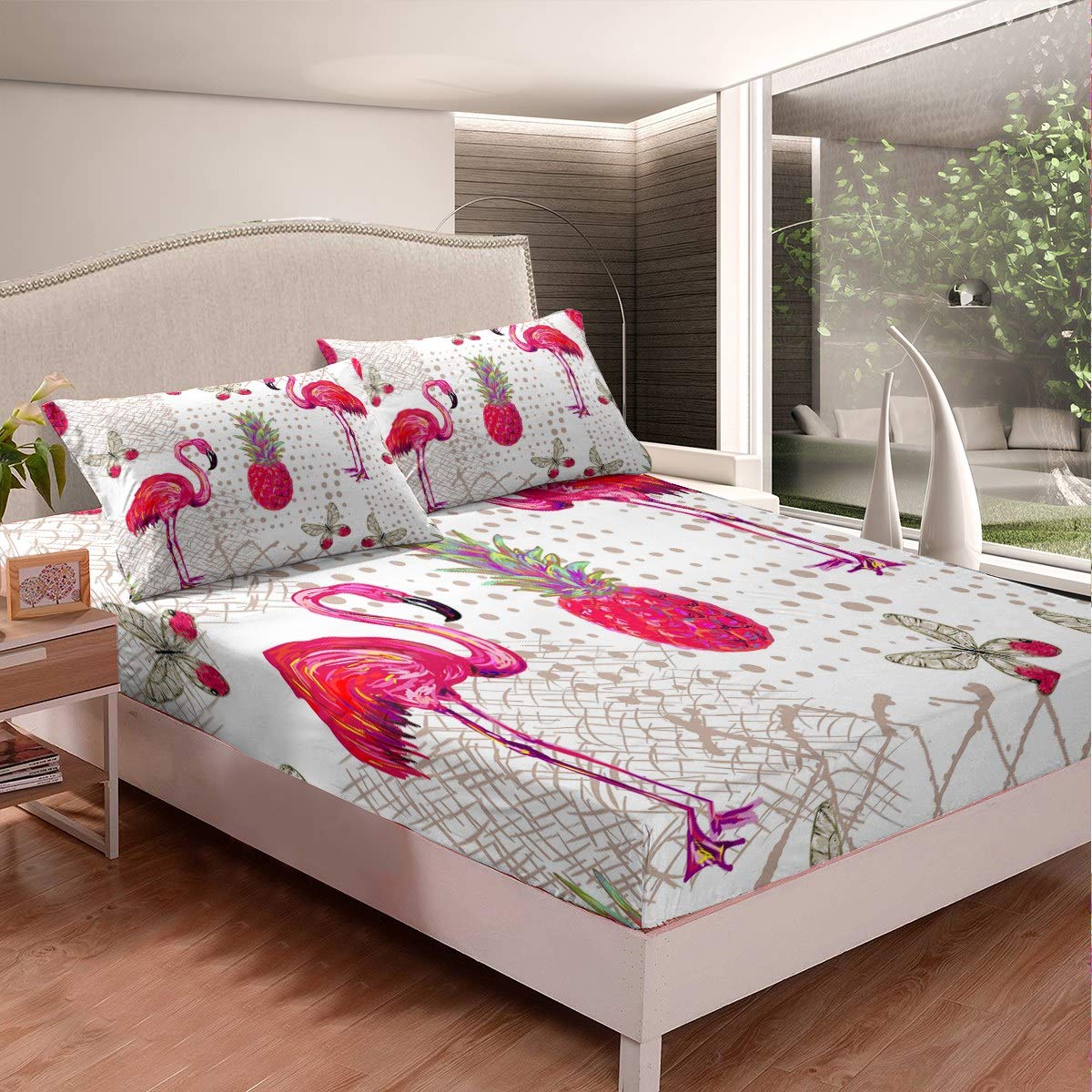 Flamingo Bedding Set Queen Size - Tropical Flamingo & Pineapple Print 3-Piece Sheet Set for Kids, Teens & Adults | Soft Pink Bed Sheets with Butterfly Design for Girls' Bedroom Decor | Perfect for Tropical Themed Rooms, Dorm Rooms & Gift Giving