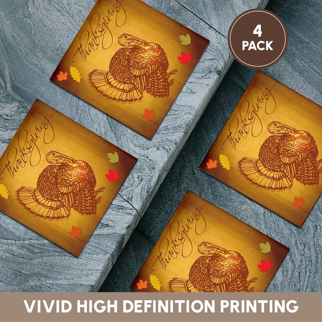 3D Rose Thanksgiving Turkey and Fall Leaves Ceramic Tile Coasters Set of 4 - Holiday Home Decor for Thanksgiving, Autumn Table Setting, and Seasonal Party Accessories
