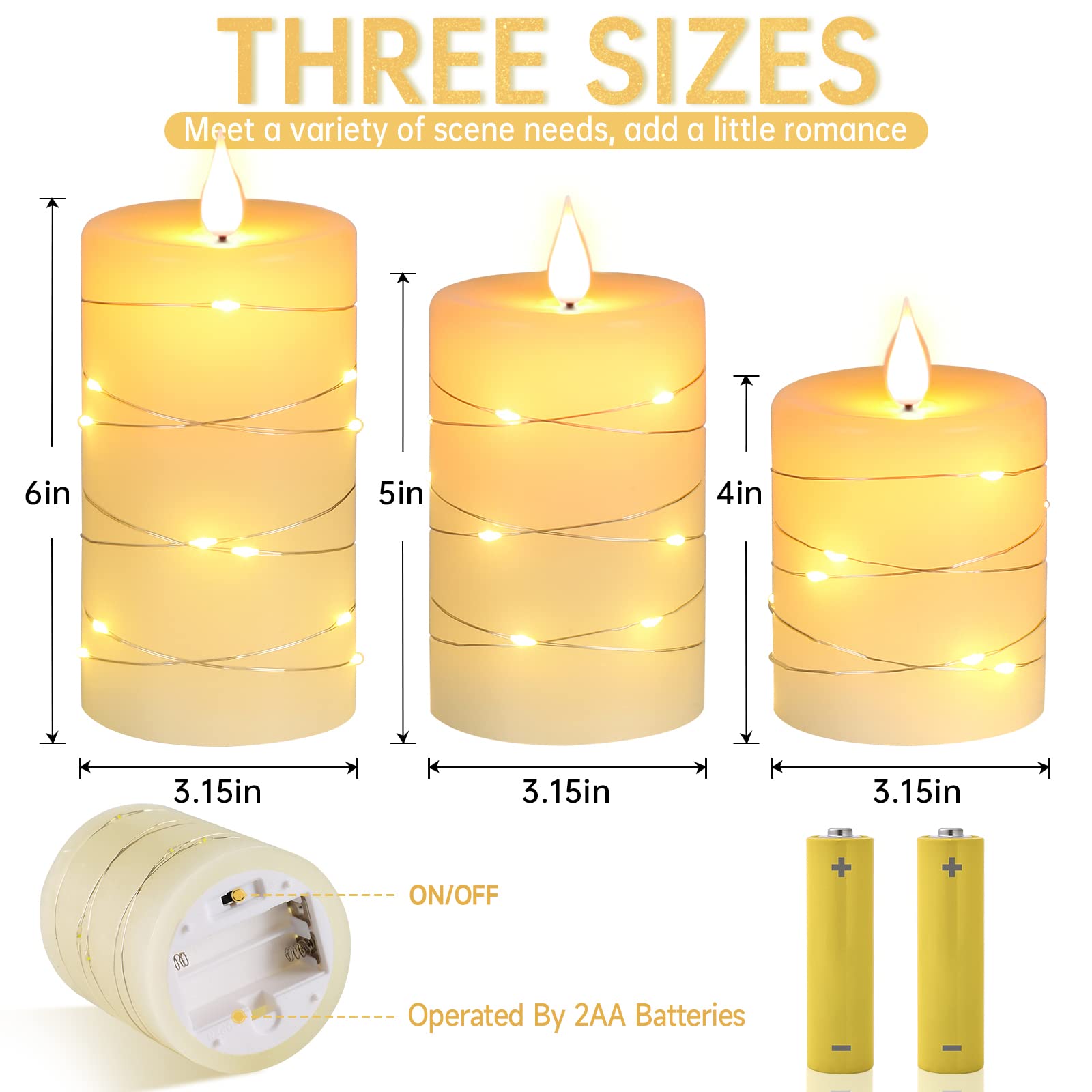 Flameless LED Candles with Remote & Timer - Battery Operated Real Wax Candles with String Lights, 3-Pack Ivory White - Perfect for Home Decor, Weddings, and Romantic Ambiance