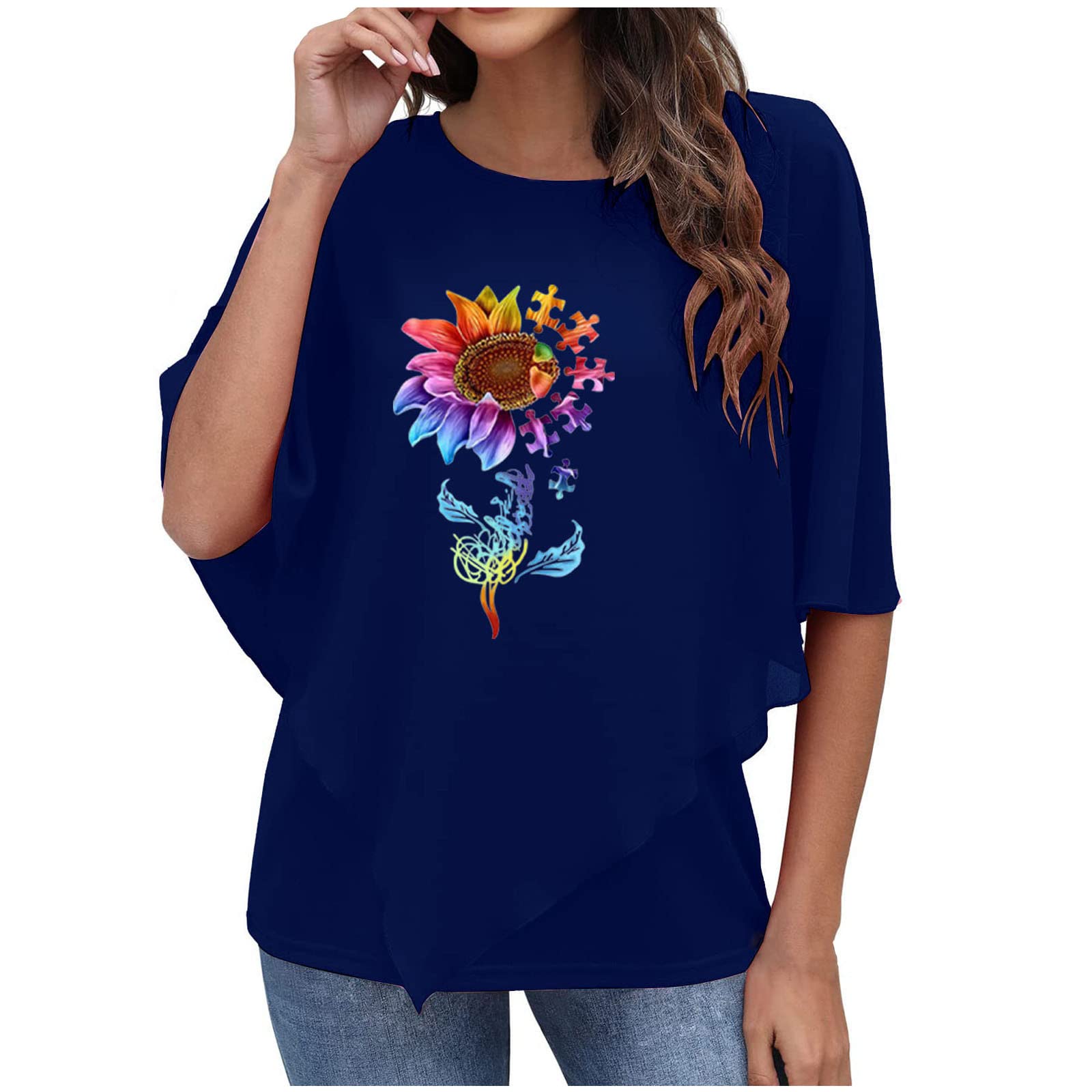 Women's Sunflower Graphic Print Layered Blouse - Asymmetrical Overlay Casual Top with Batwing Sleeves | Perfect for Summer Outfits, Beach Wear & Boho Fashion