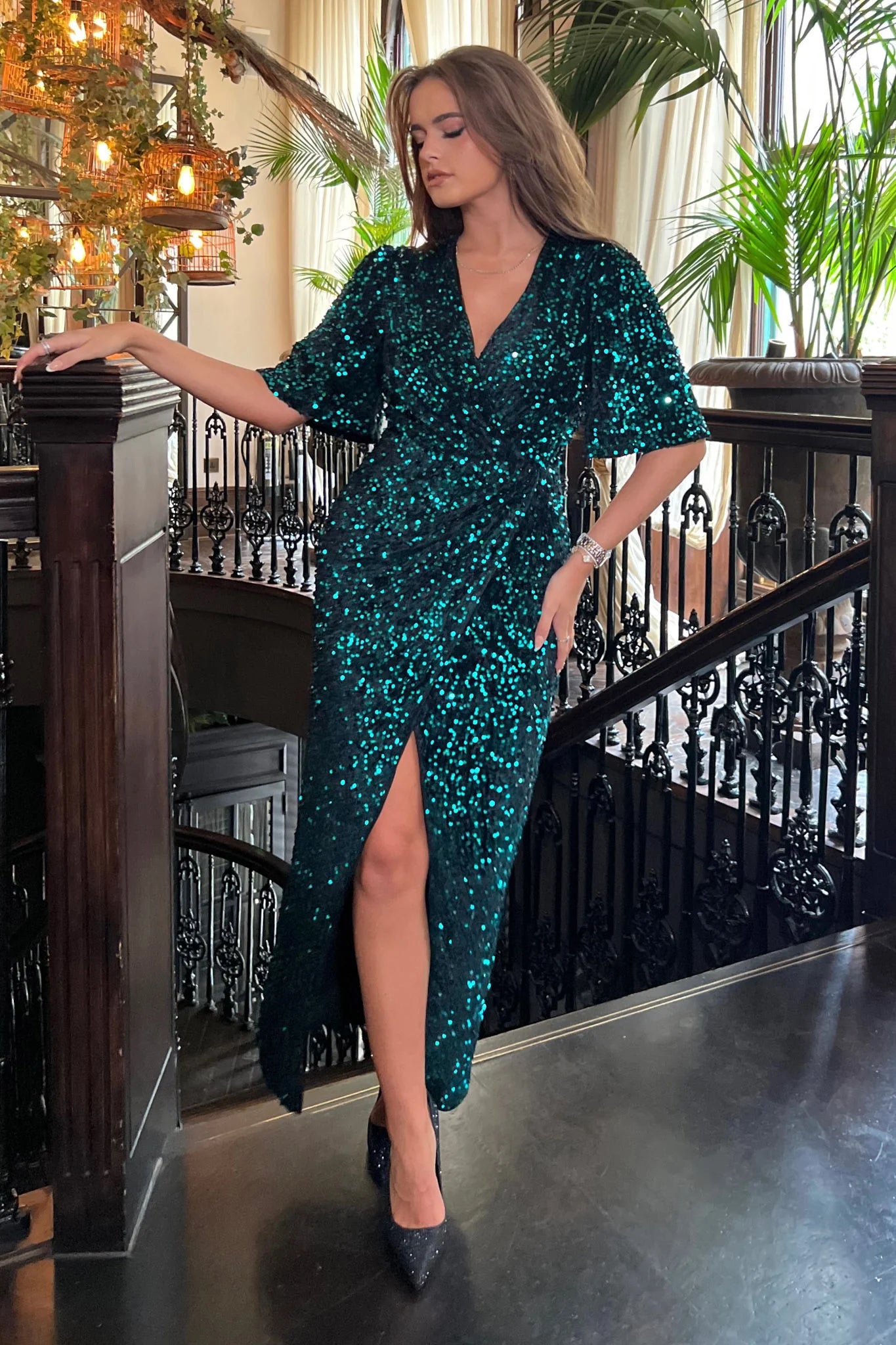 LILAH Velvet Sequin Maxi Dress for Women - Elegant Green Evening Gown with Sparkle Details, Perfect for Parties, Prom, Weddings & Special Occasions
