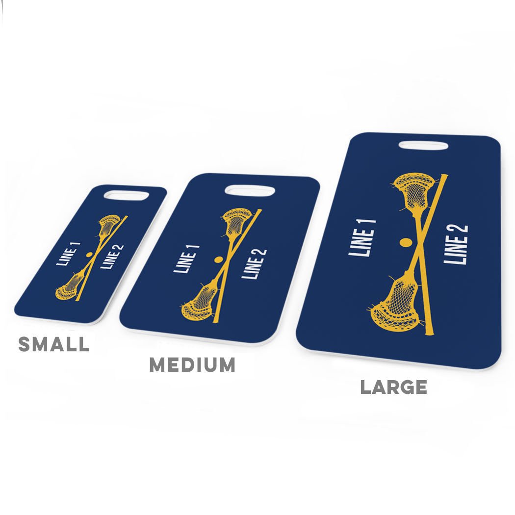Personalized Guys Lacrosse Luggage Tag with Crossed Lax Sticks - Custom Text & Standard Lines - Large Navy & Gold Sports Bag Tag for Travel, Gym & Team Gear Identification