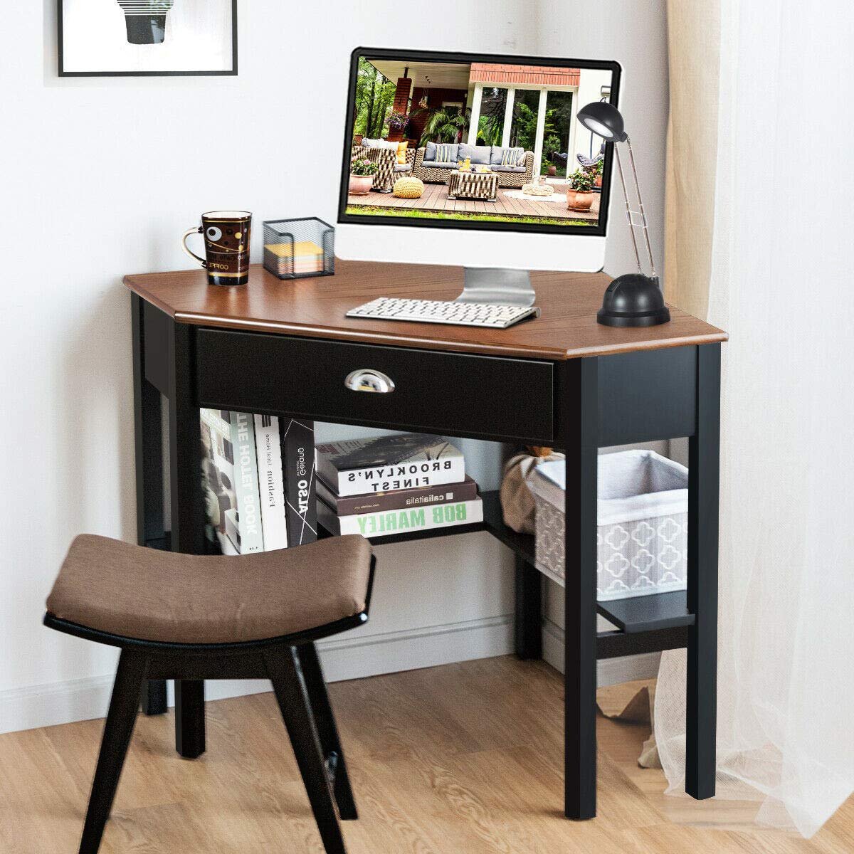 Compact Corner Desk for Home Office - 90° Triangle Computer & Laptop Writing Desk with Storage Shelf & Drawer - Space-Saving Small Office Furniture for Apartments & Dorm Rooms (Coffee Finish)