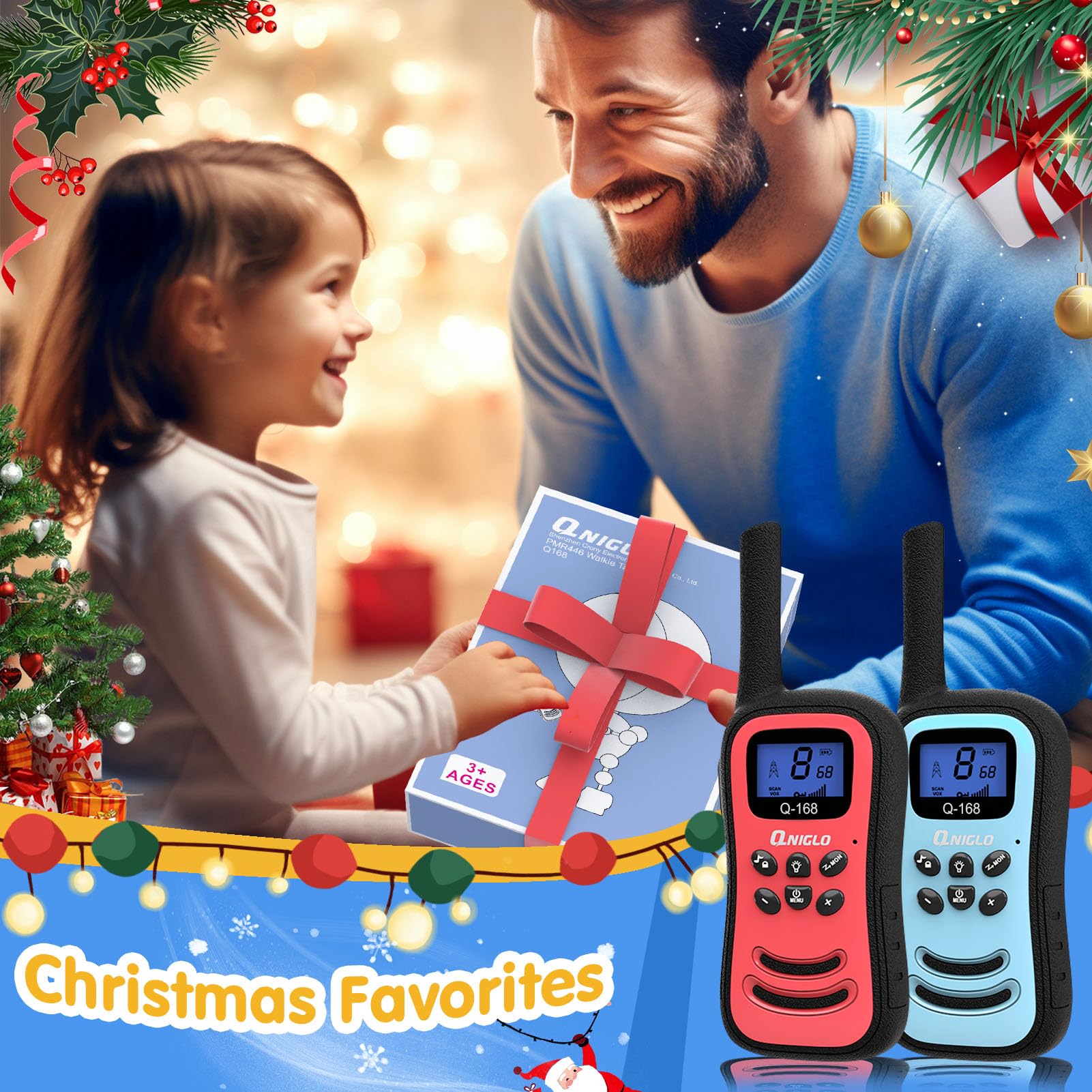 QNIGLO Rechargeable Walkie Talkies for Kids - Long Range 2 Way Radios with 22 FRS Channels & LED Flashlight - Best Toys Gift for Boys Girls Ages 3-14 - Perfect for Outdoor Adventures, Camping, Hiking and Family Games