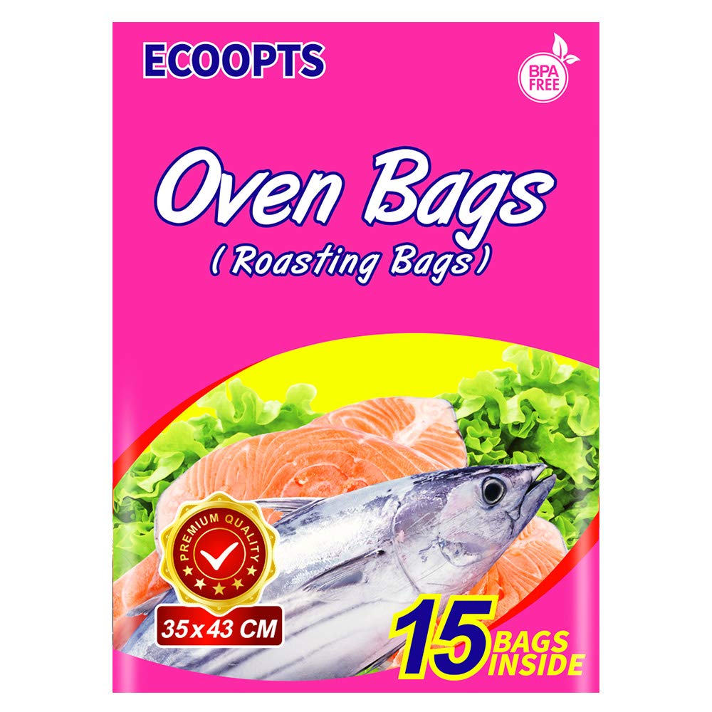 ECOOPTS Oven Cooking Bags - 15 Pack (13.8 x 17 Inch) Transparent Roasting Bags for Chicken, Meat, Ham, Seafood & Vegetables | Perfect for Baking, Grilling & Meal Prep | BPA-Free & Reusable