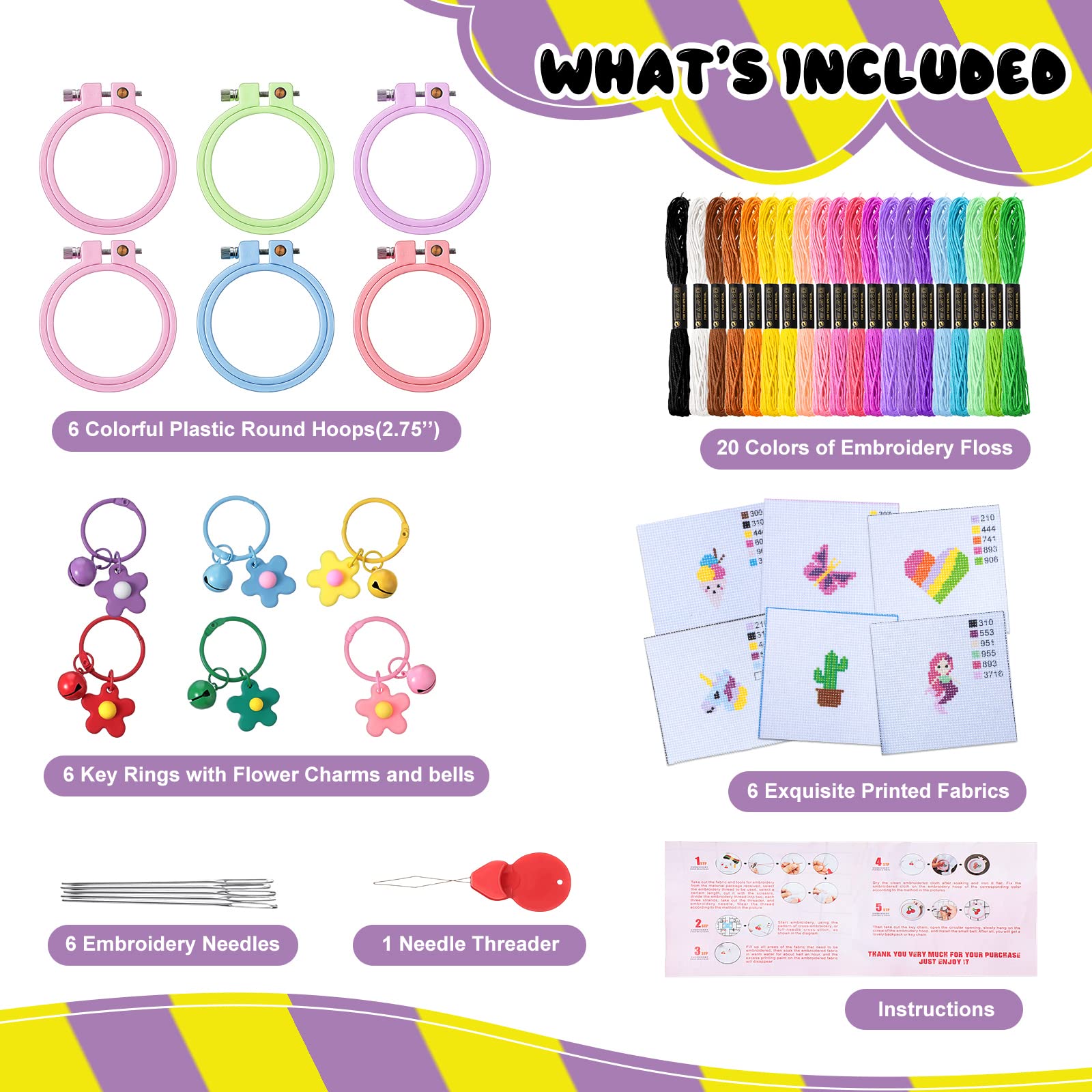 Chuangdi 6 Sets Cross Stitch Kits for Beginners - Complete Embroidery Starter Kit with Needlepoint Supplies for Kids & Adults - Perfect for DIY Home Decor, Gift Making & Relaxation Crafts