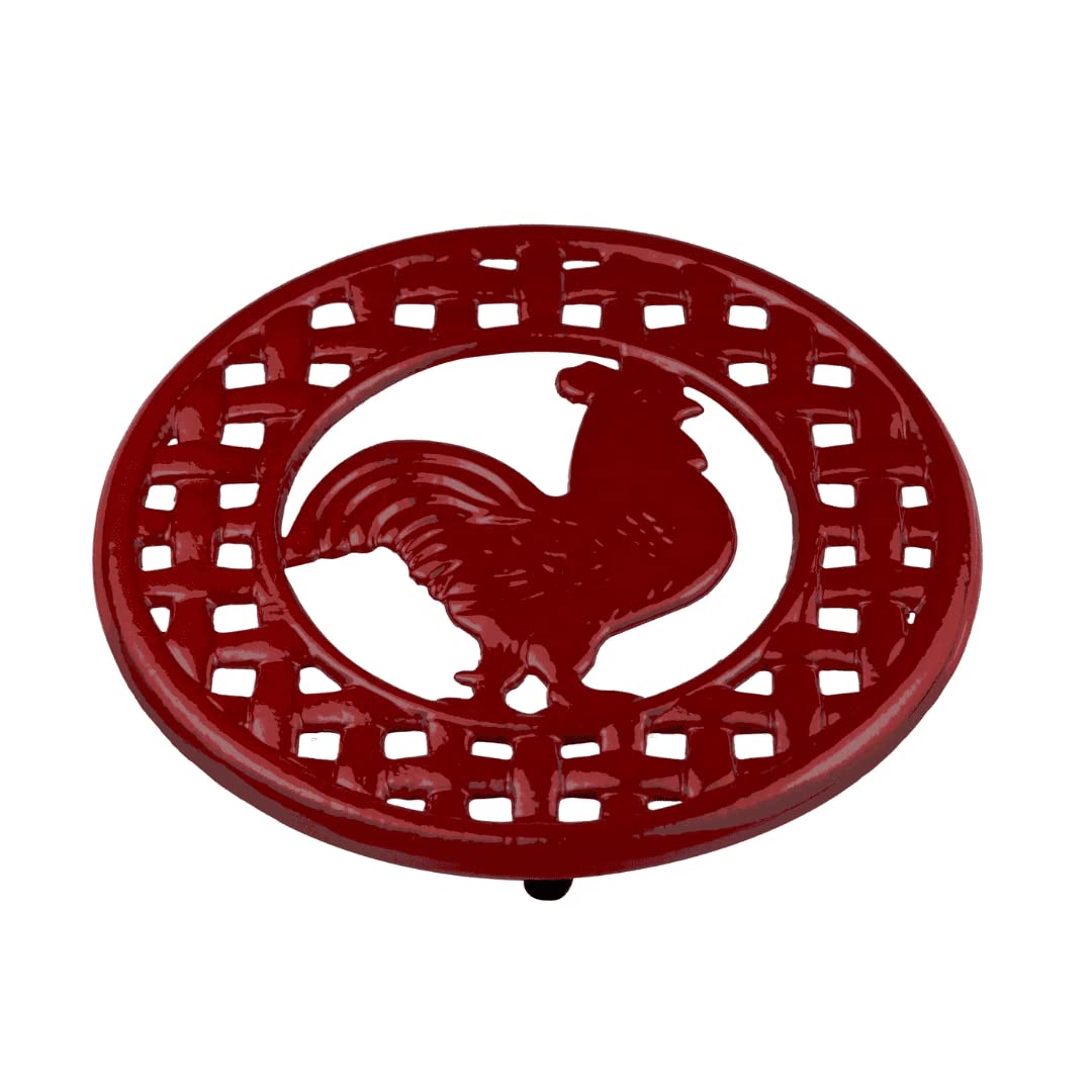 Red Rooster Design Cast Iron Trivet - Heat Resistant Linen Coaster for Countertop Decor | Perfect for Kitchen, Dining Table & Hot Dish Protection