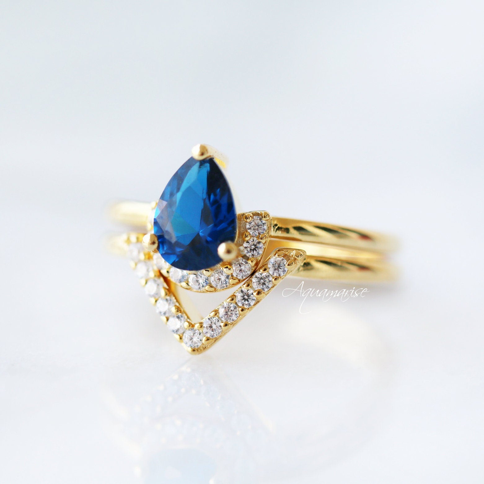 14K Yellow Gold Vermeil Aria Sapphire Ring Set - Elegant Jewelry for Women, Perfect for Engagement, Wedding, Anniversary & Special Occasions