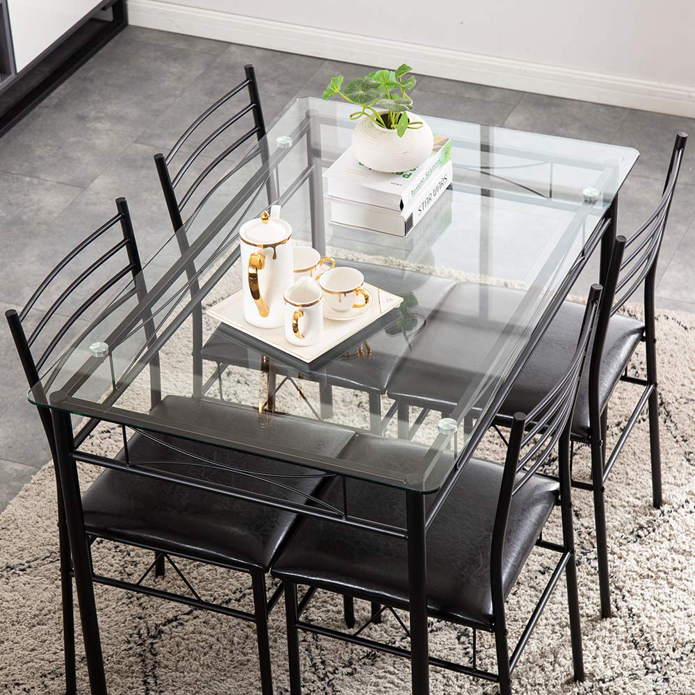Modern Black Wrought Iron Dining Table Set with Glass Top & 4 PU Cushioned Chairs - 43.31