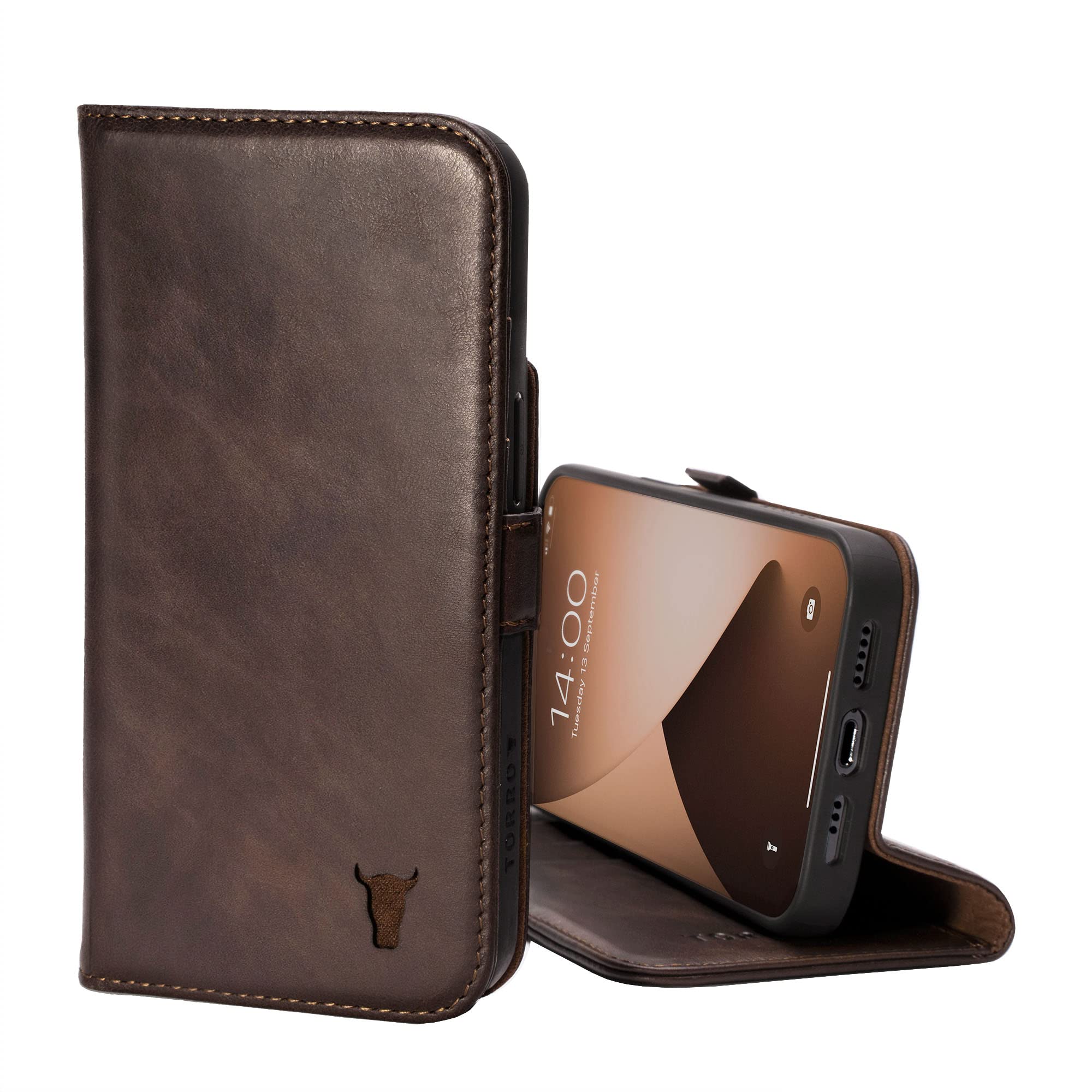 Premium TORRO Genuine Leather Wallet Case for iPhone 12 Pro Max - Slim Protective Cover with Card Holder & Kickstand Function (Dark Brown) | Perfect for Business, Travel & Everyday Use
